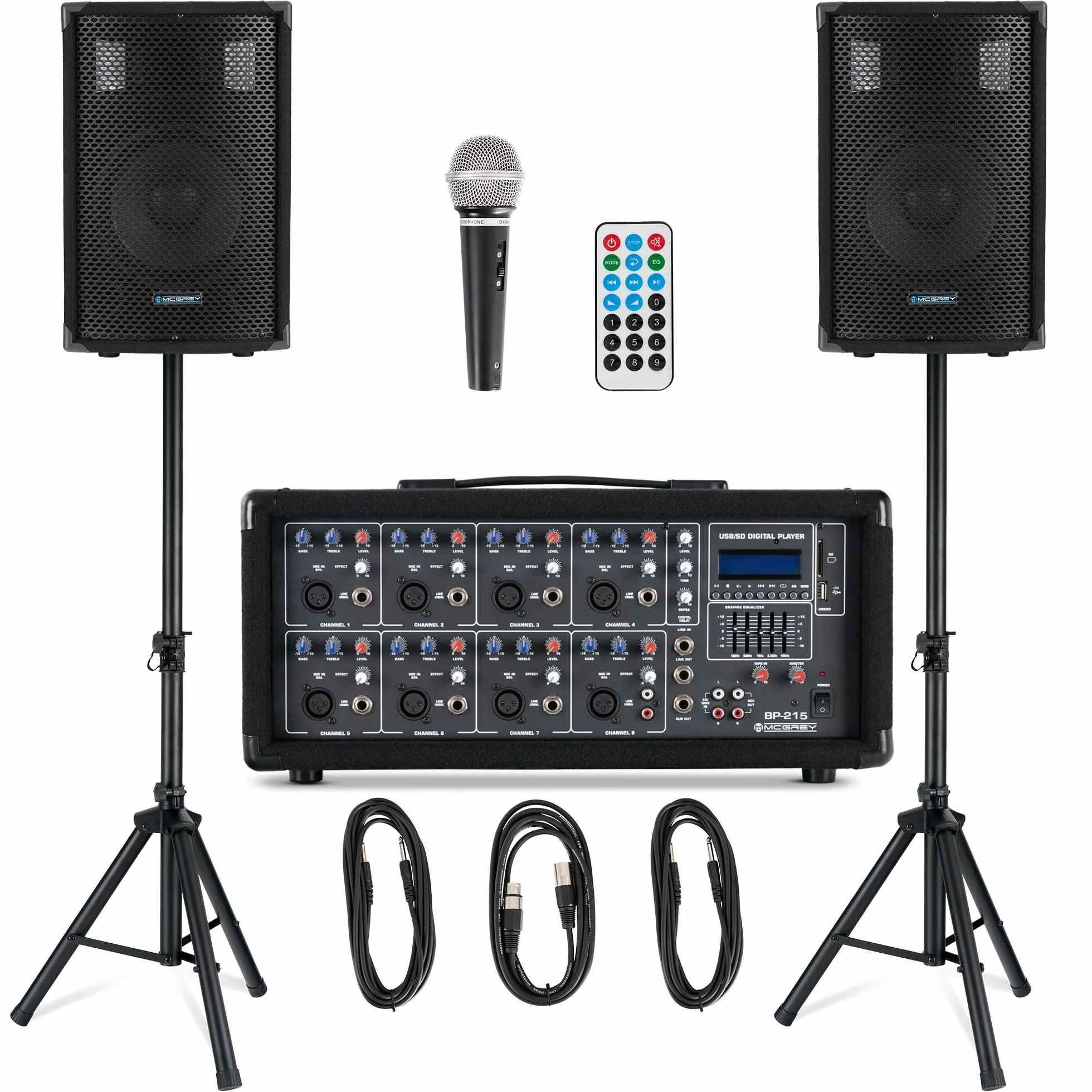 McGrey BP-215 Bandpack PA: Mezclador 8 Canales, Reverb Digital, Bluetooth, USB/SD, Altavoces 2 vías con woofer 15", Incluye micrófono, Soportes, Cables, 150W.