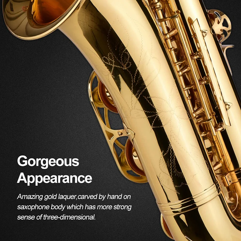 Lechnical Saxofón tenor Bb Sax Cuerpo de latón Superficie lacada en oro Instrumento de viento de madera con estuche de transporte Guantes Paño de limpieza Cepillo Sax Correas para el cuello