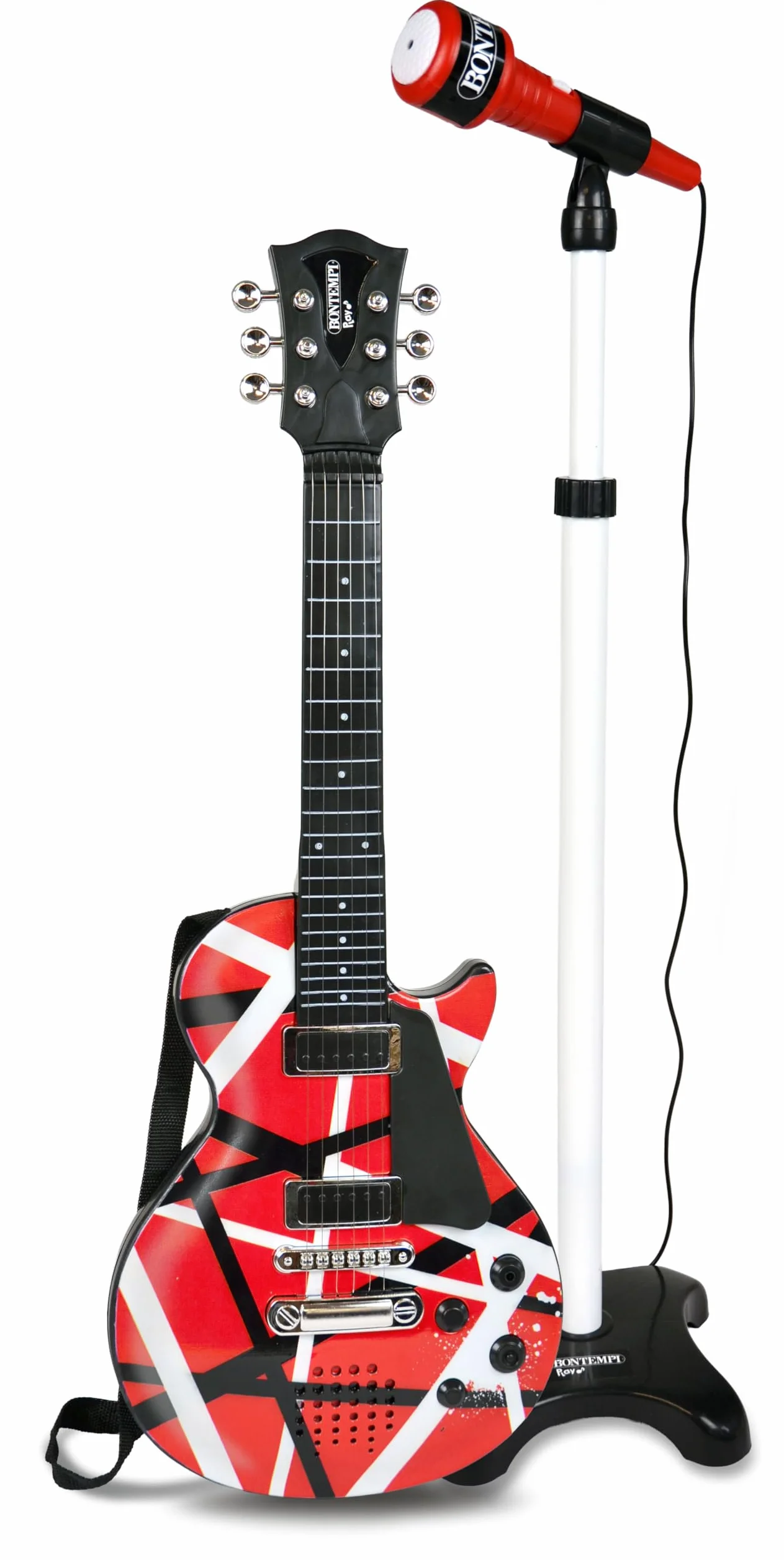 BONTEMPI - Guitarra Rock con Micrófono de Escenario Soporte Ajustable 6 Cuerdas de Metal 5 Demos Rock 5 Ritmos Alimentación 2 Pilas AA