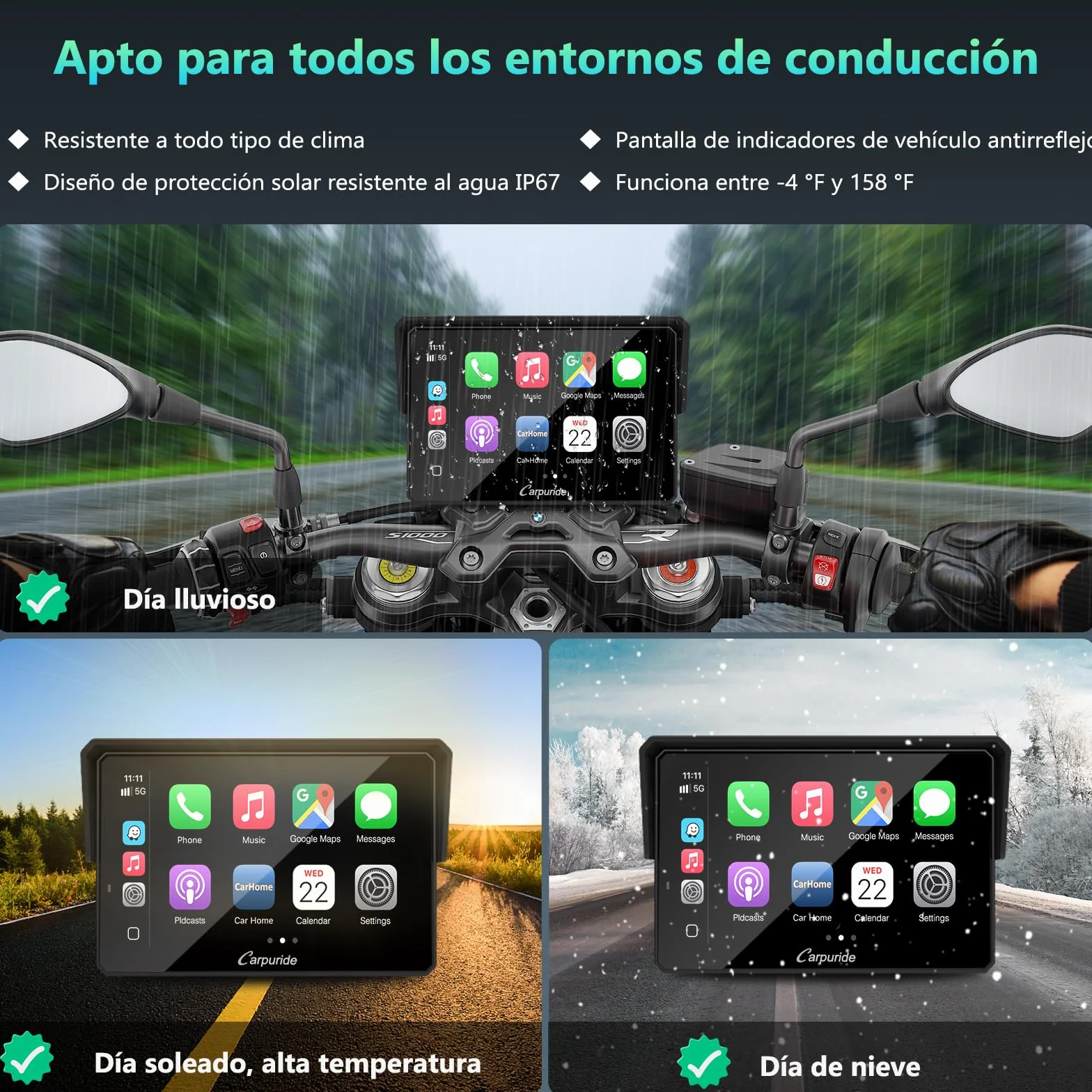 CARPURIDE W502BS Pro CarPlay Android Auto para Motocicletas, Pantalla GPS 5 Pulgadas Impermeable Bluetooth Dual