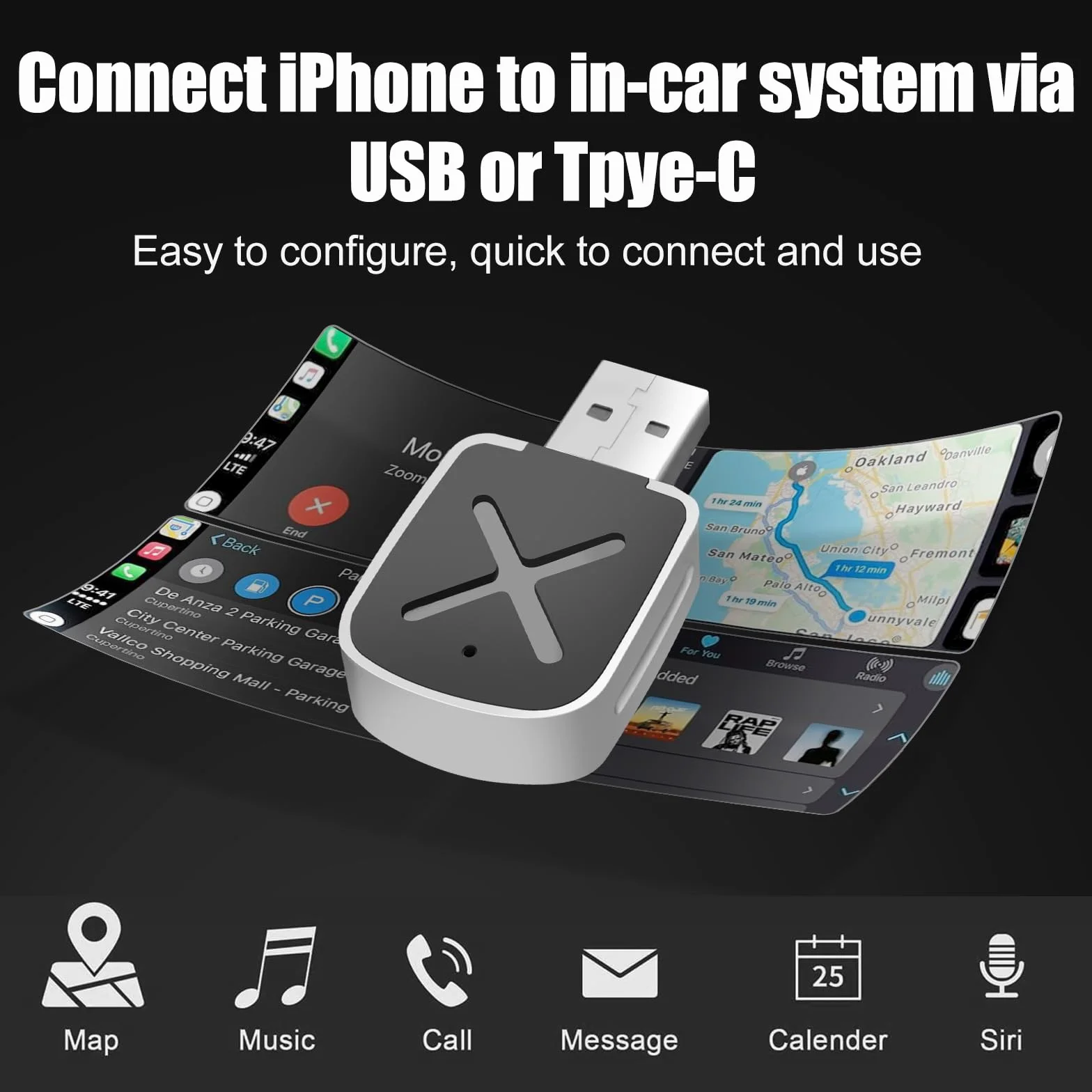 Adaptador Carplay Inalámbrico, Convertir Coche Pantalla Carplay con Cable a Carplay inalámbrico, USB Carplay Compatible con Coches a Partir de 2016 y Teléfonos iOS 10+