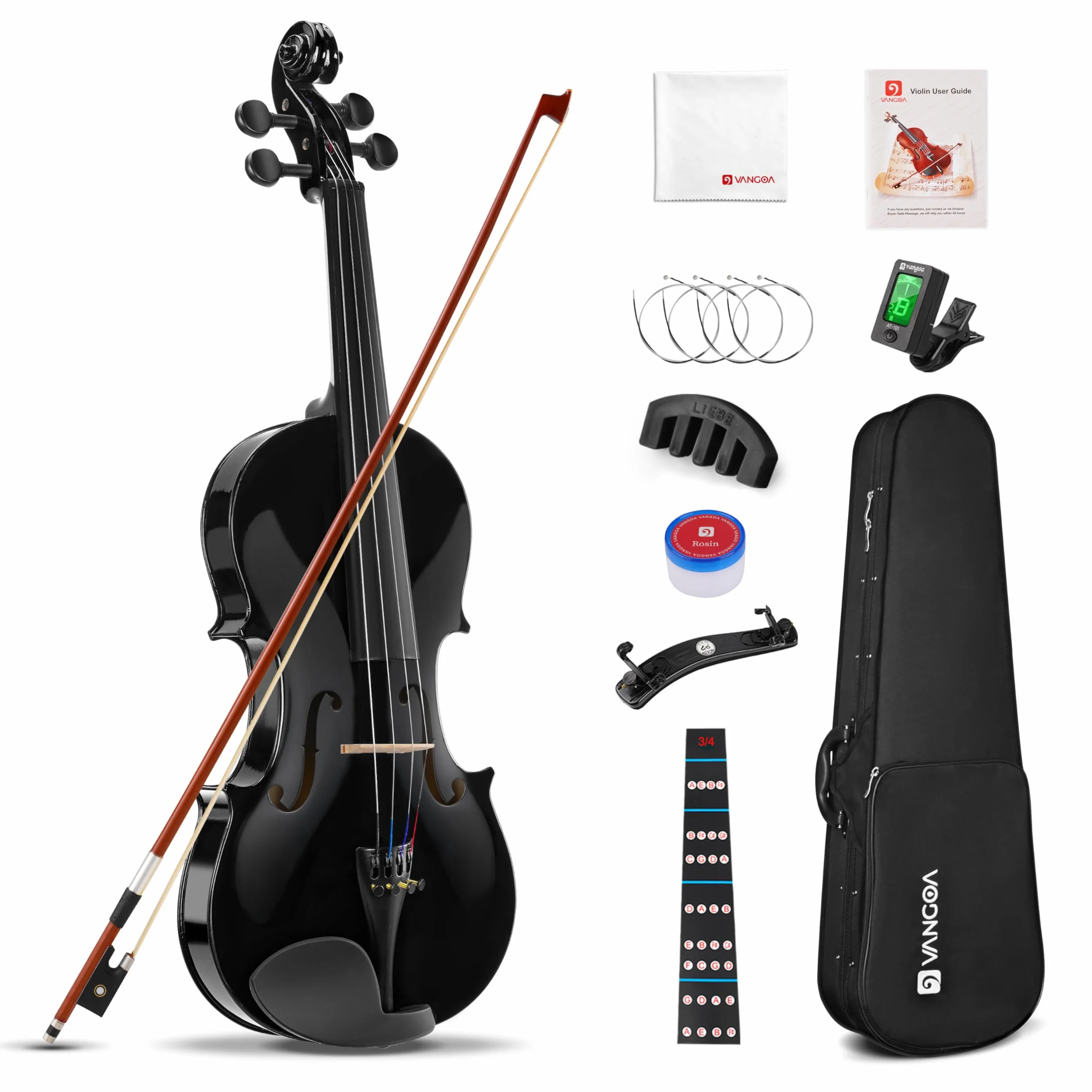 Vangoa 4/4 Violín Acústico Tamaño completo para Adultos Estudiantes Principiantes Violín de Concierto con Estuche Colofonia Afinador Cuerdas Arco, Negro