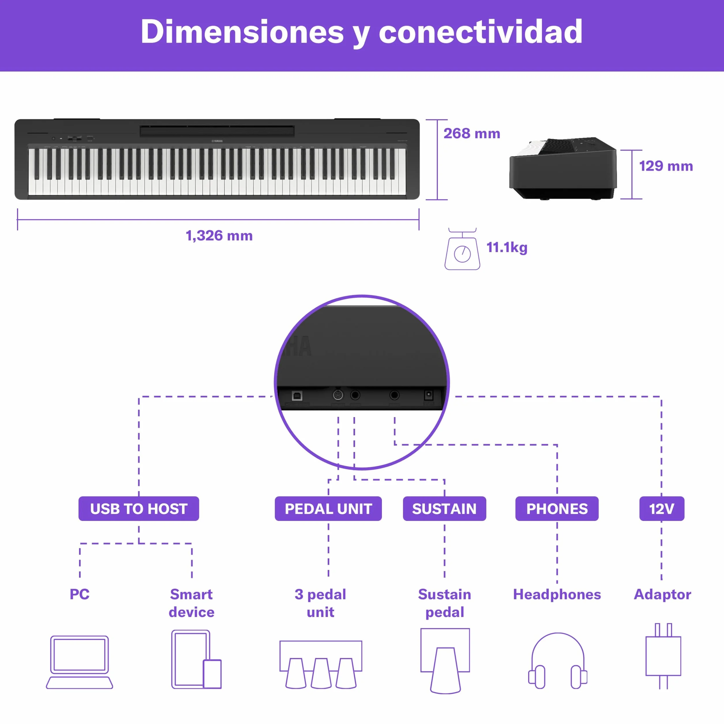 Piano Digital Yamaha P-145BT – Ligero y Portátil, con Teclado Graded Hammer Compact, 88 Teclas y 10 Voces de Instrumentos, Bluetooth – Negro