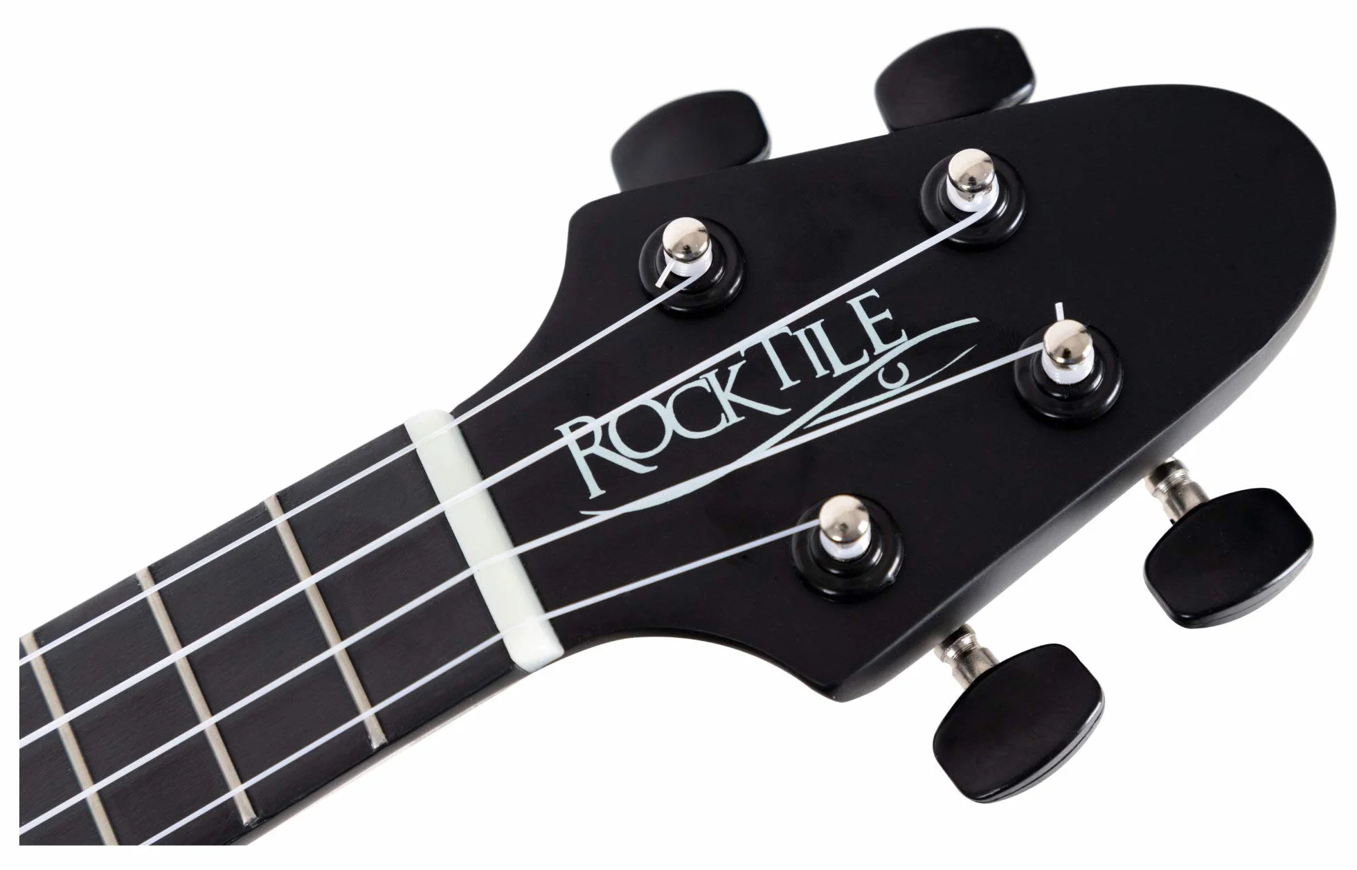 Rocktile FV-04 BK Ukulele soprano heavy, mensura 343 mm, longitud 60,5 cm, cuerpo y mástil de tilo, cuerdas Aquila Super Nylgut, 2 pines para correa, color negro.