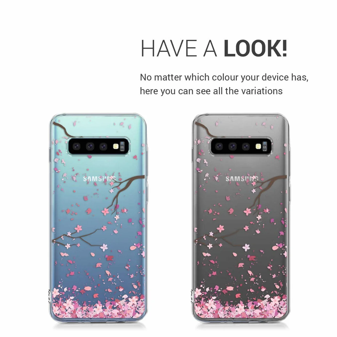 kwmobile Carcasa Compatible con Samsung Galaxy S10 - Funda Silicona TPU Flores Cerezo cayendo Rosado Suave/marrón Oscuro/Transparente