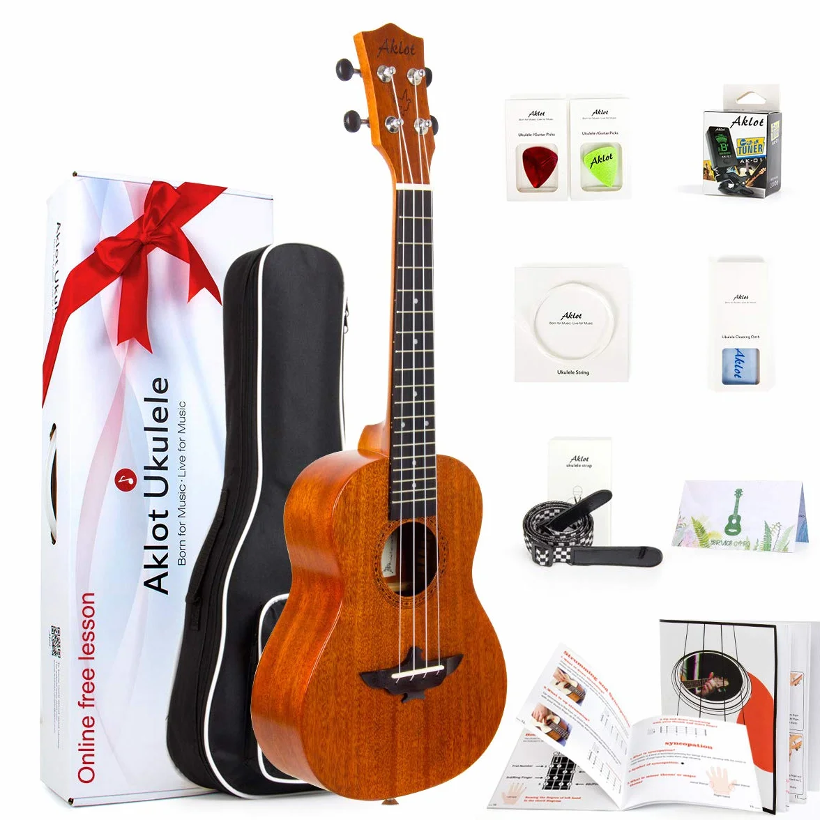 Aklot Concierto Ukelele de 23 Pulgadas Caoba Maciza Ukeleles Para Principiantes Profesionales Con Curso en línea gratuito y 8 Kit de inicio