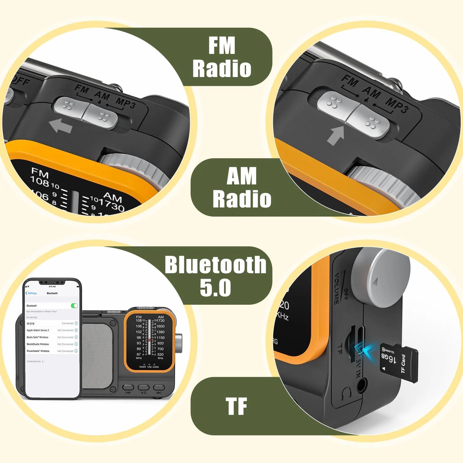 Tendak Radio portátil FM AM 2400 mAh, batería recargable, Bluetooth, TF, USB-C, lámpara