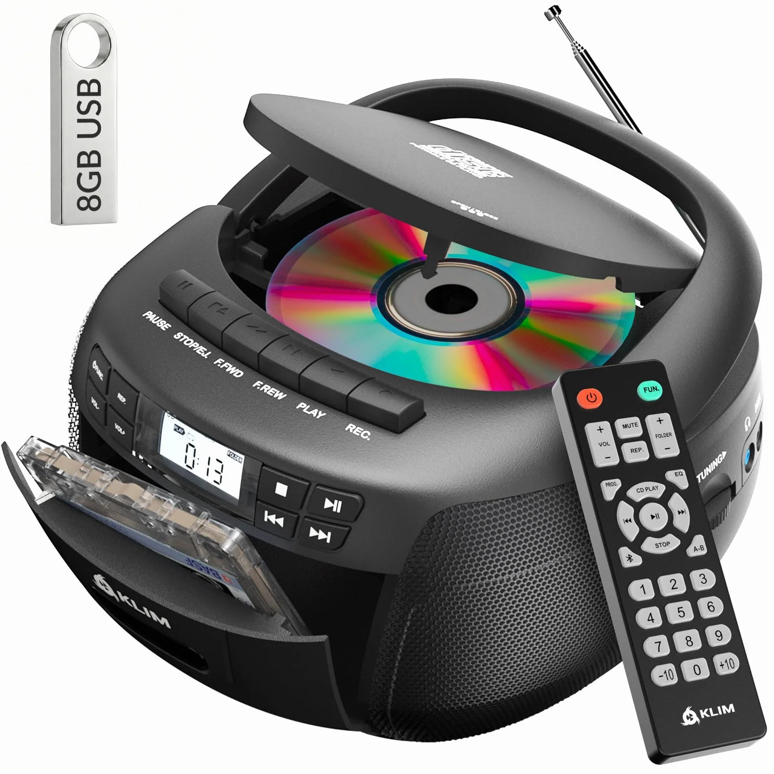 KLIM Reproductor CD Cassette Radio AM/FM Bluetooth Control Remoto AUX Grabación Cinta Estéreo