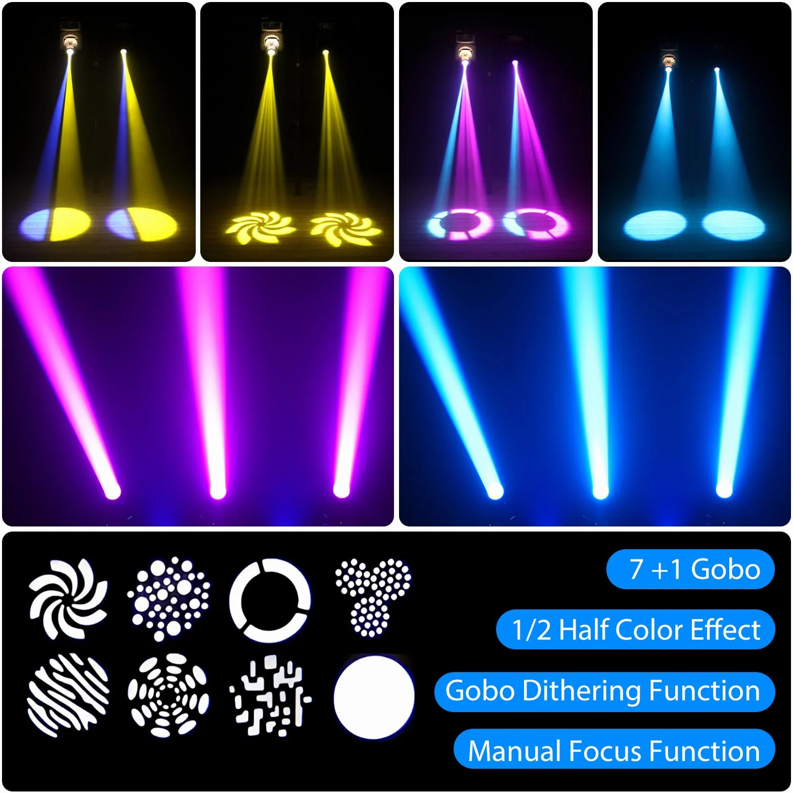 4PCS Cabeza Movil LED 60W con Flightcase 8 Gobos 8 Colores Beam Luz de Discoteca RGBW 9/11 Canales para DJ Club Navidad Bar Fiesta
