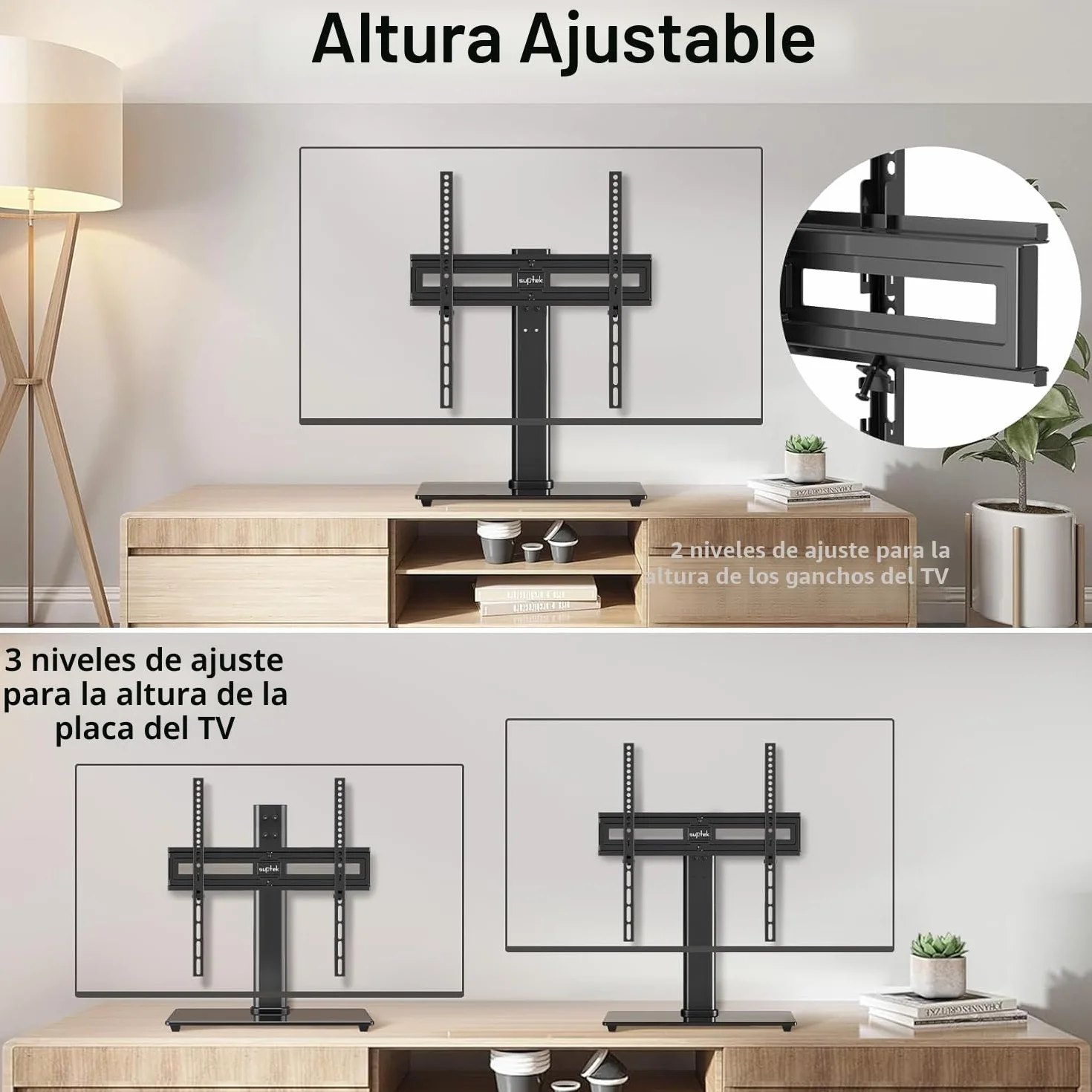 Suptek Soporte TV Pie para Mesa: Base de TV 26-55 Pulgadas Vidrio Templado 8mm Giratorio ±50° Altura Ajustable 45kg VESA 400x400mm