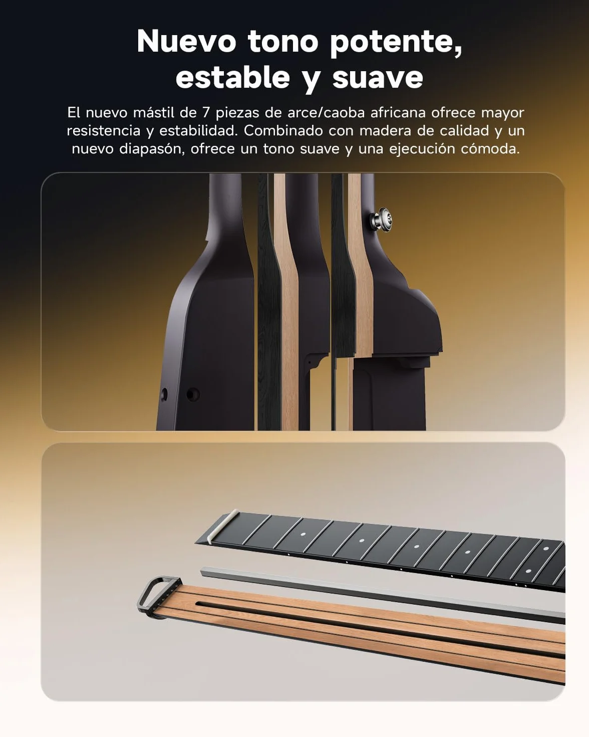 Donner HUSH I EVO2 Guitarra Acústica-Eléctrica de Viaje, Ultraligera, sin Clavijero, con Afinador Integrado, Soportes Desmontables y Salida para Auriculares – Sunburst