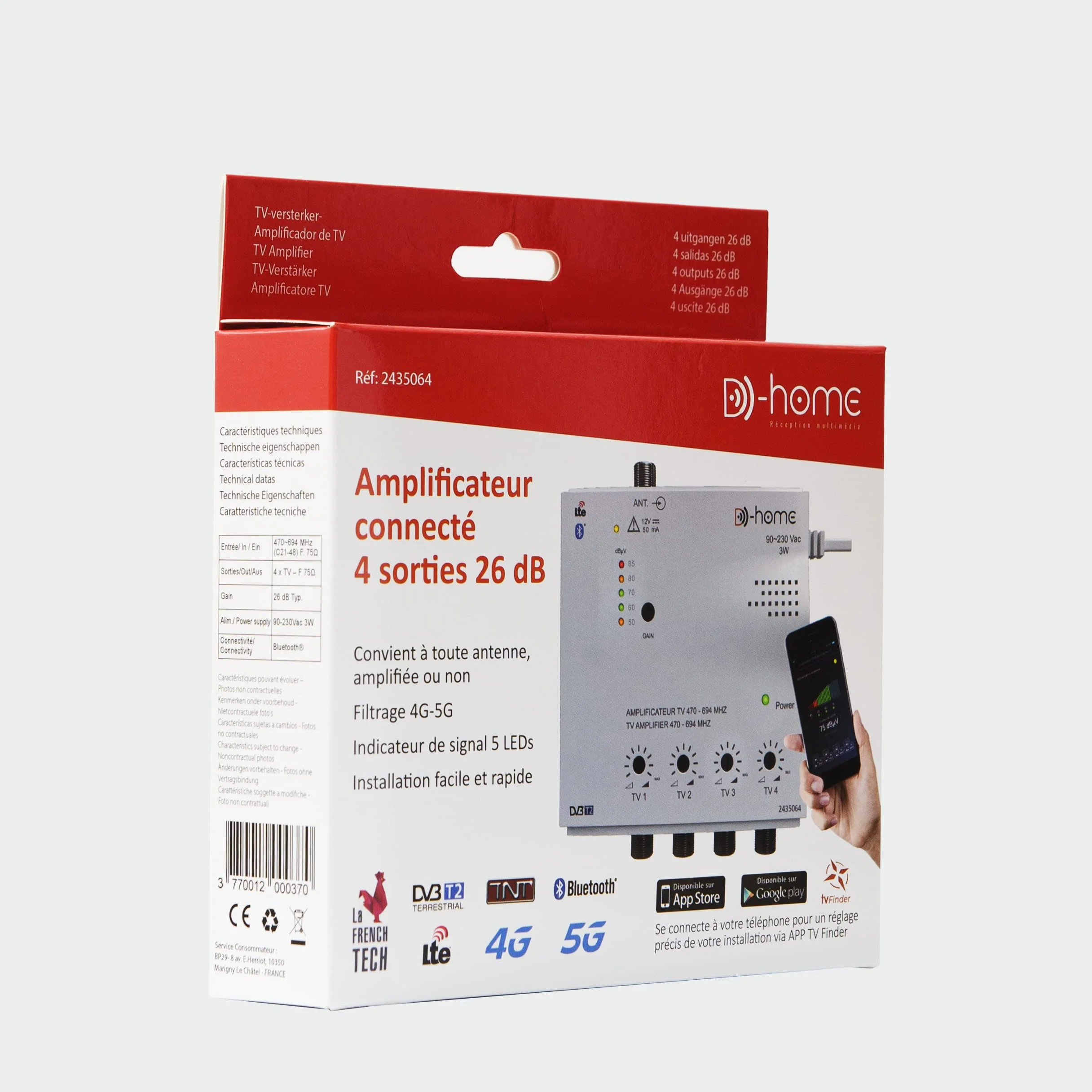 D-Home - Amplificador de TV TNT interior 4 salidas 26dB conectado Filtrado 4G-5G, Funciona con App TV Finder para encontrar la mejor señal.