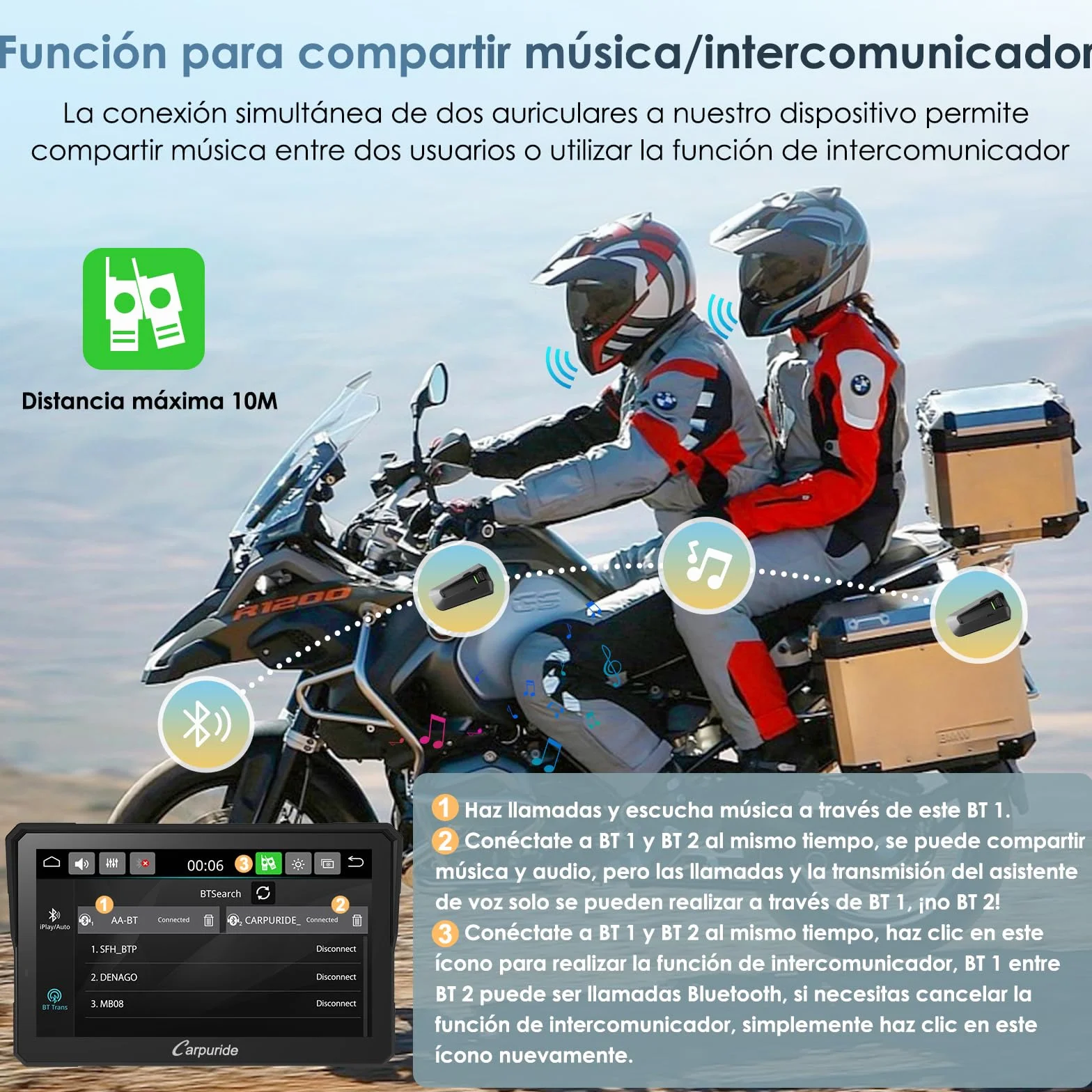 Carpuride W702BS Pro Motocicleta Carplay Pantalla 7" Impermeable táctil Inalámbrico CarPlay Android Auto Dual Bluetooth Intercomunicador