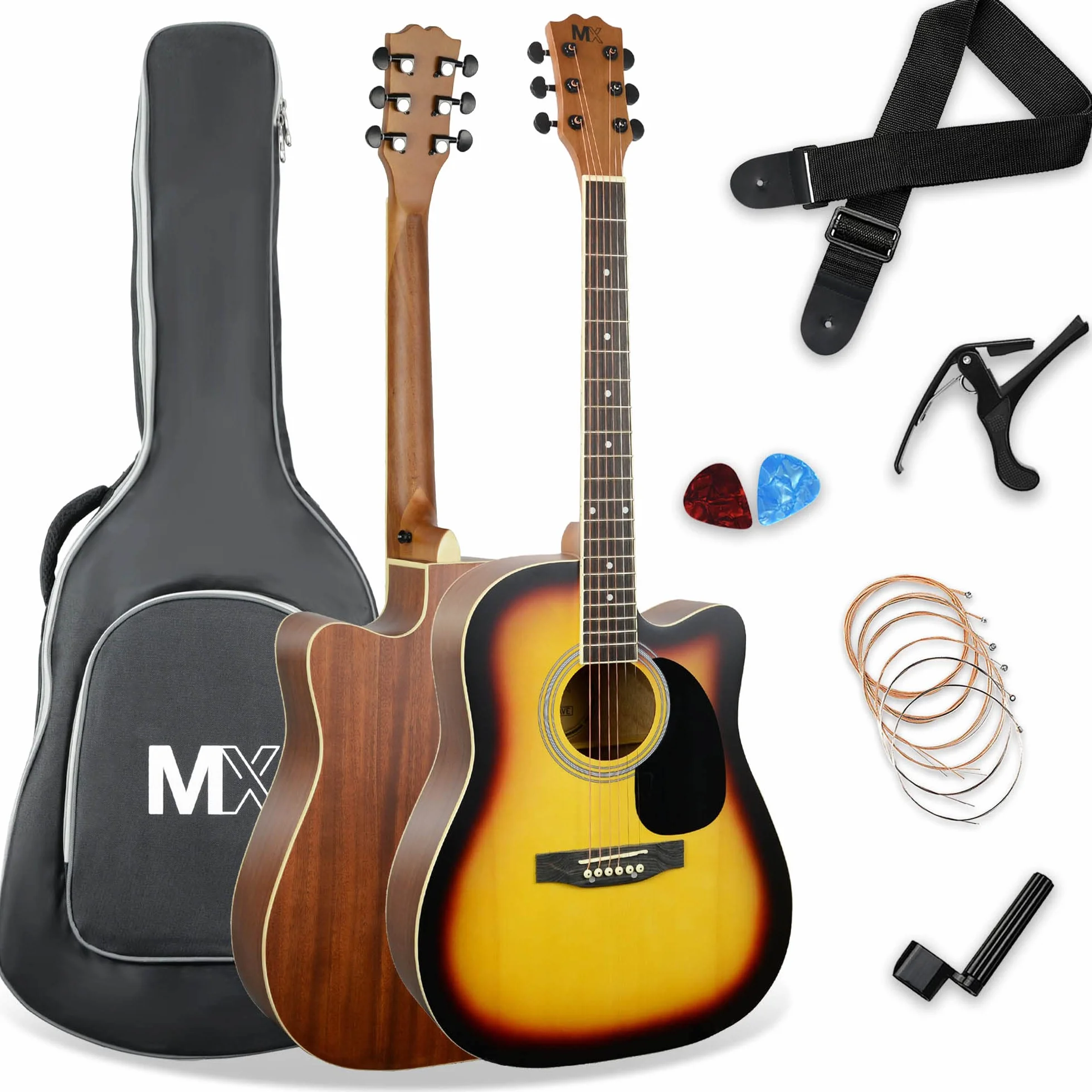 3rd Avenue Pack de guitarra acústica premium de tamaño estándar con cortadura y tapa anterior de abeto en color sunburst