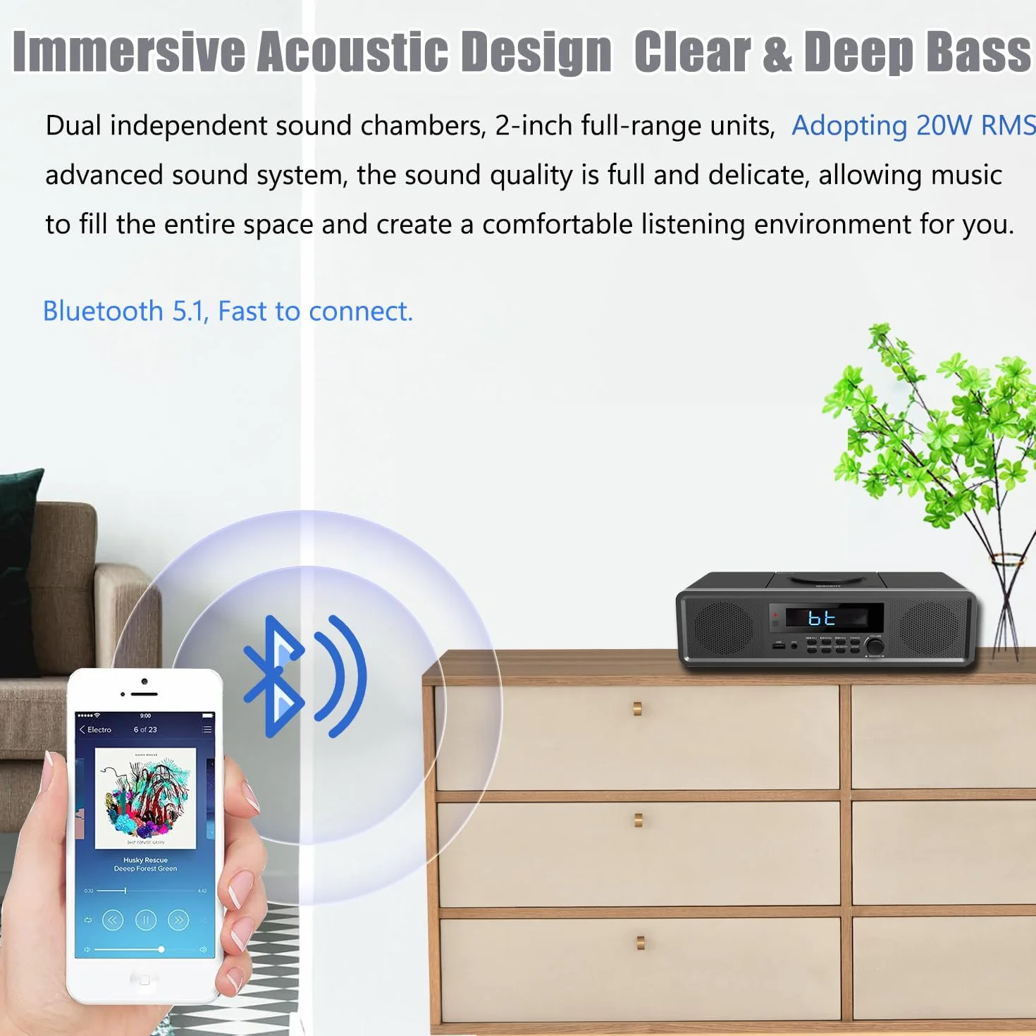 Sistema estéreo HiFi Compacta con CD, Radio FM, Bluetooth, USB, Auxiliar, Reloj Digital
