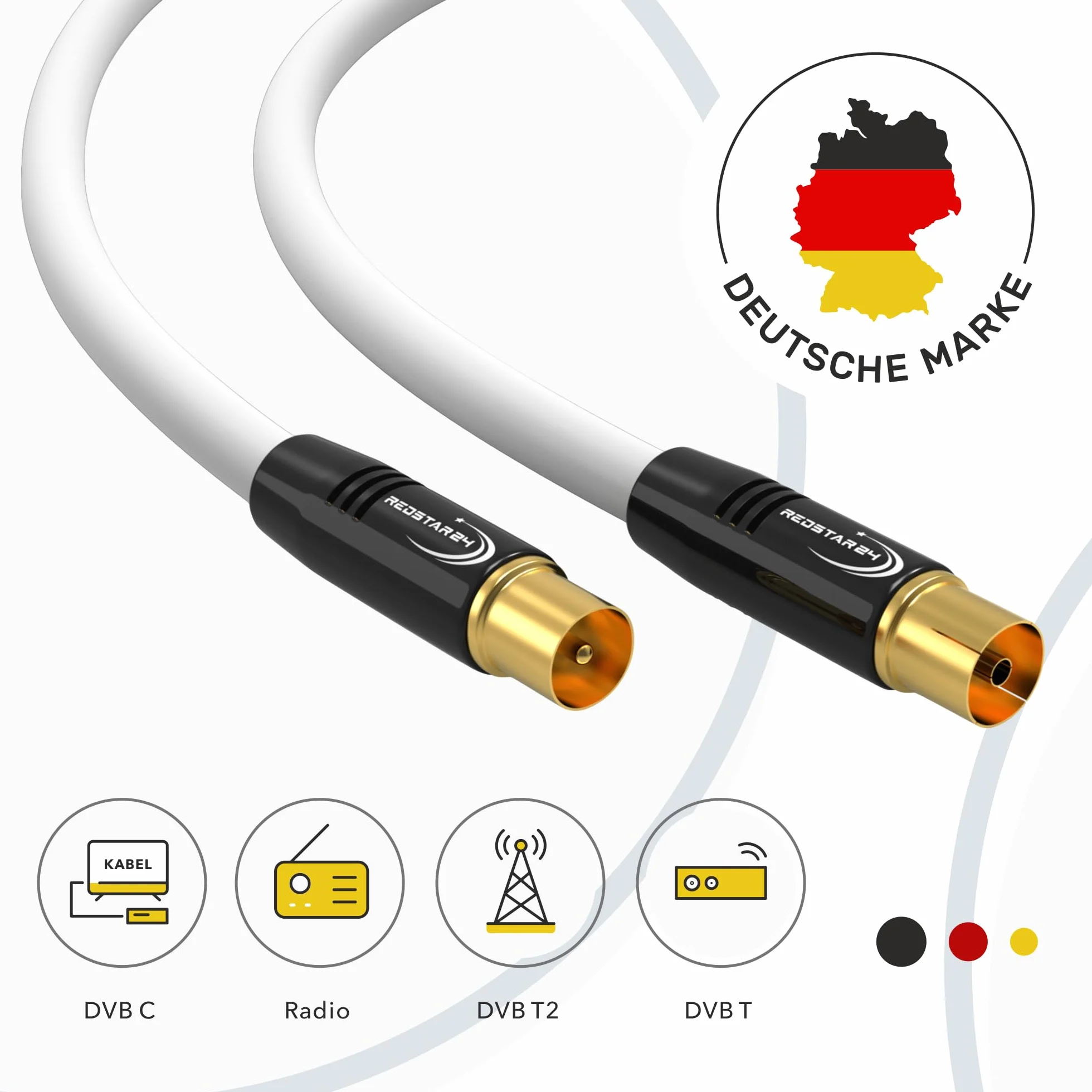 RedStar24 Cable de antena 30m Blanco – Macho a Hembra IEC – Cable Coaxial HDTV Premium para Televisión por Cable | Cable de TV: Compatible con TV, Radio, DVB-T/T2, DVB-C, DAB