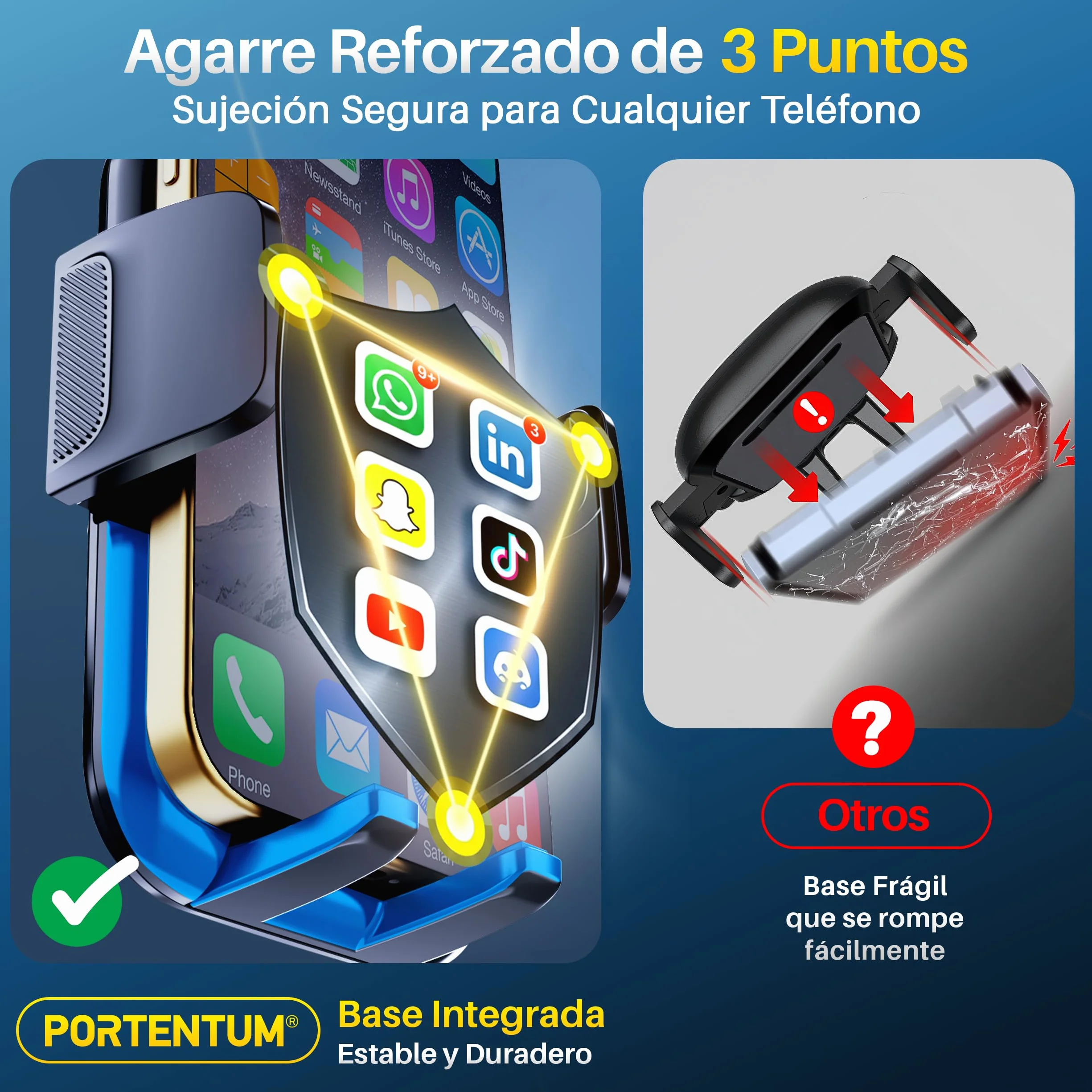 PORTENTUM Soporte movil Coche Rejilla de ventilación Triple Anclaje Rotación 360° orientable Compatible 4-7.5"