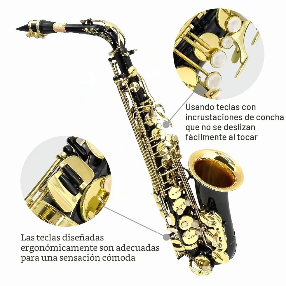 Saxofón alto Eb para principiantes, kit completo de saxofón con funda dura, boquilla, correa para el cuello, lengüetas, kit de limpieza, ideal para estudiantes y profesionales (negro)
