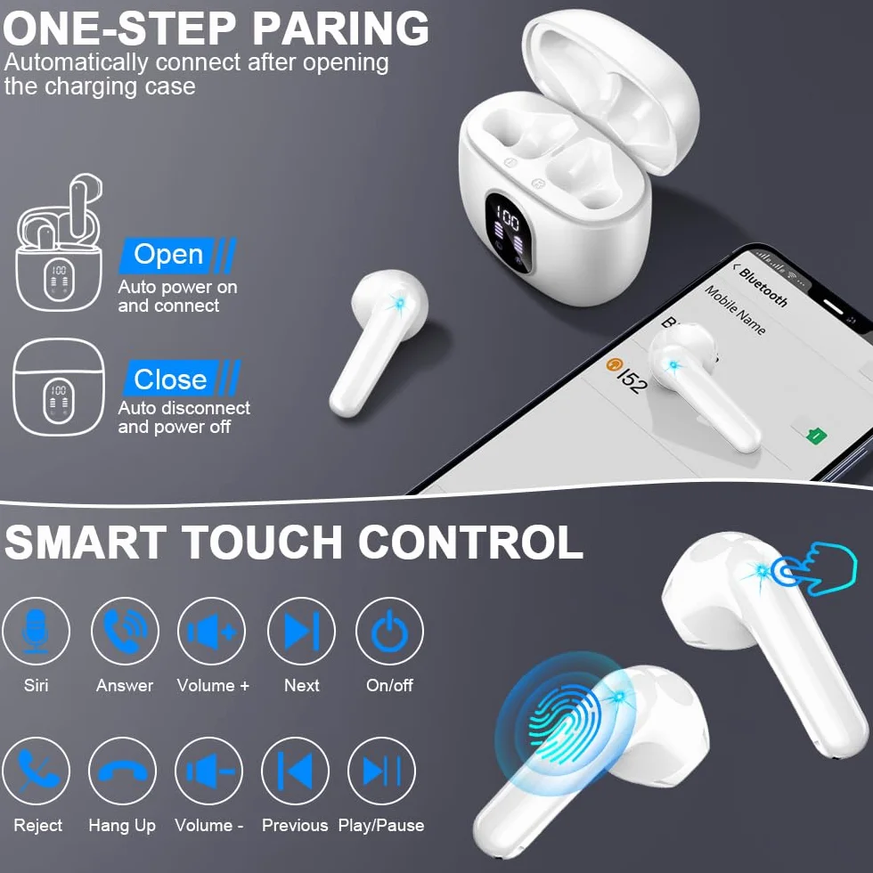 Auriculares Inalambricos, Auriculares Bluetooth 5.4 HiFi Estéreo, 50H Cascos Inalambricos Bluetooth con 4 HD Mic,New Audifonos Inalambricos Cancelacion de Ruido ENC/Pantalla LED/IP7 Impermeable/USB-C