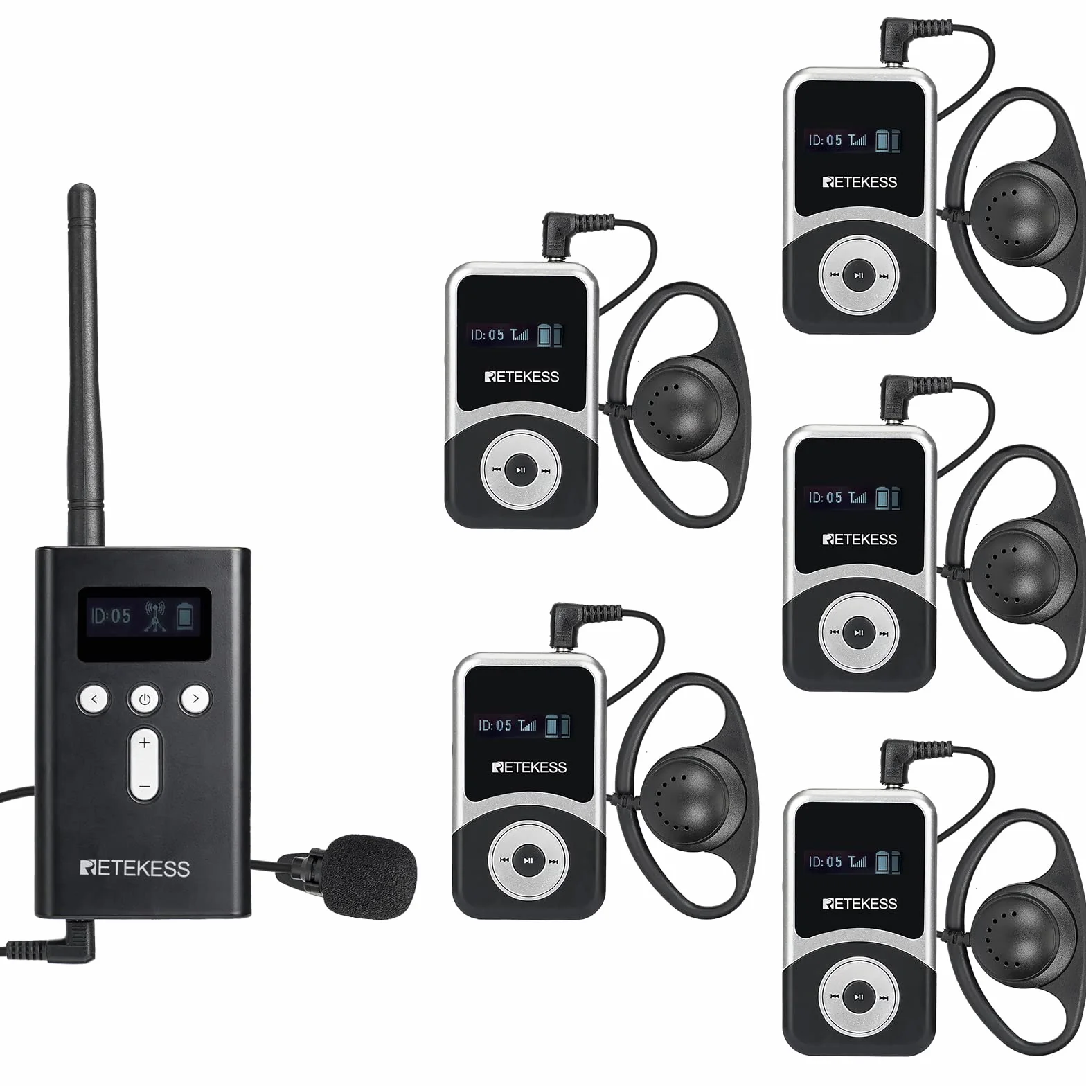 Retekess T130S Tour Guide System, Mejora Sistema de Audioguía Turística, 100m, 49 Canales, Auriculares D, Micrófono para Guía Turístico para Recorrido Fábrica, Turismo (1 Transmisor 5 Receptores)