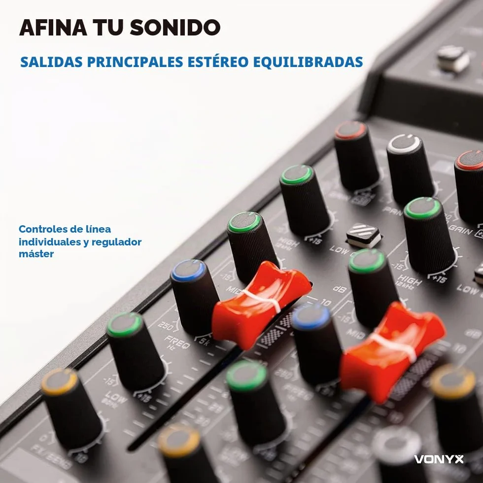 Vonyx VM-KG06 Mezclador analógico de audio de 6 canales con Bluetooth para grupos de música, 2 entradas XLR de micrófono con +48v, 2 entradas de linea con jack, Procesados de efectos DSP, USB/MP3