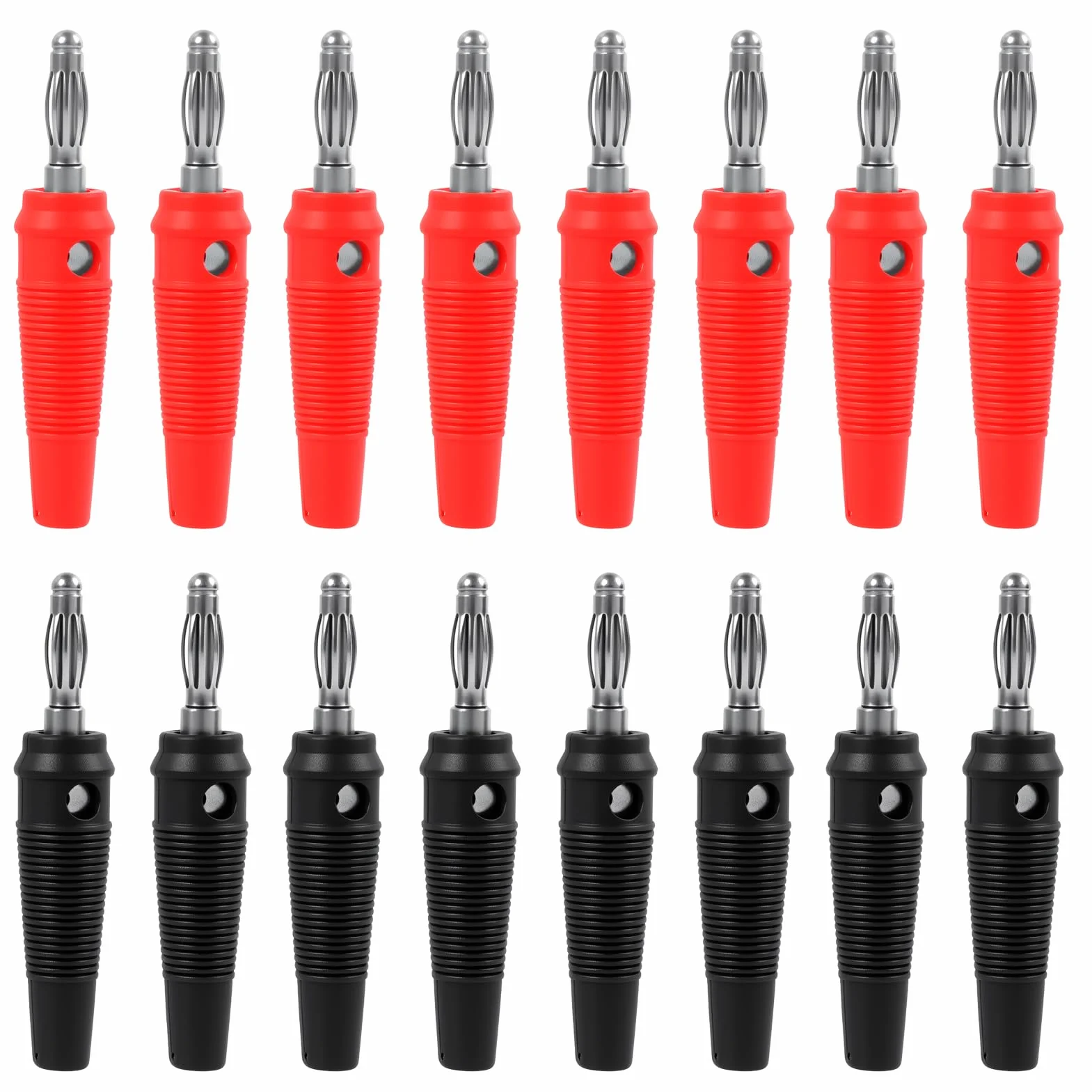 Conectores Banana 4mm Funda Goma Suave, 8 Rojos 8 Negros, Hierro Niquelado, para Altavoces sin Soldadura