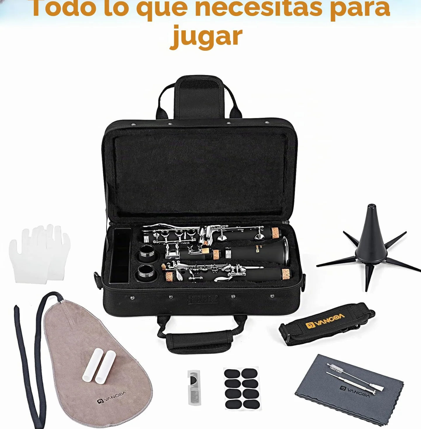 Vangoa B Flat Clarinet 17 llaves de níquel para principiantes, juego de clarinete para estudiantes con boquilla 4C, kit de limpieza, estuche rígido, soporte, 10 cañas y guantes, negro