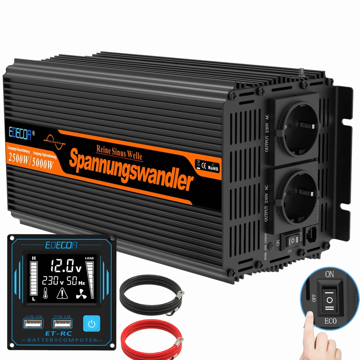EDECOA inversor 12v 220v Onda Pura 2500w Modo Eco Convertidor Corriente Mando 2X USB Incluye para Autocaravana para Coche Panel Solar Sistema de Aislamiento galvanico (4a generacion)