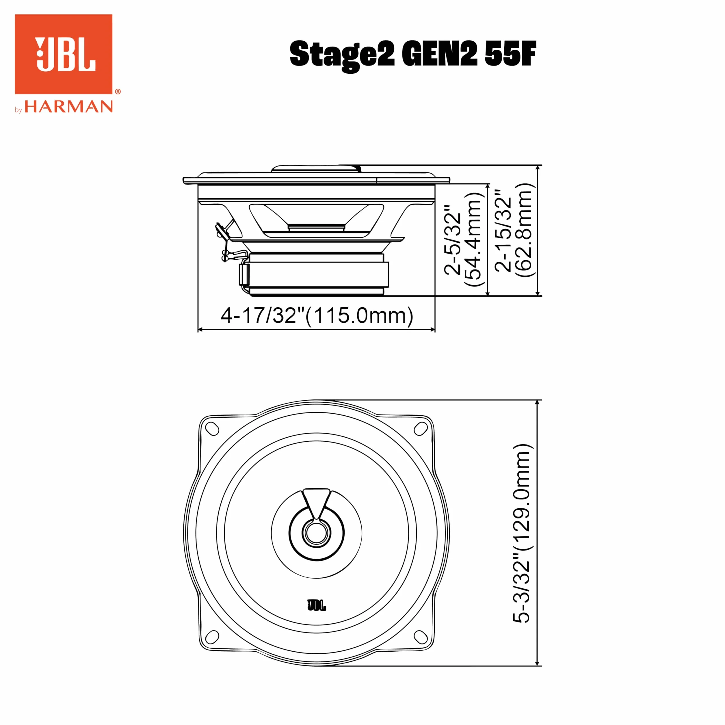 JBL Stage2 55F Gen2 Altavoces coaxiales 2 vías 5,25 Pulgadas 50 W RMS, 400 W Pico, 4 Ω, 89 dB, woofer Polipropileno Plus One™, Tweeter Pei, diseño Compacto, Sonido Claro