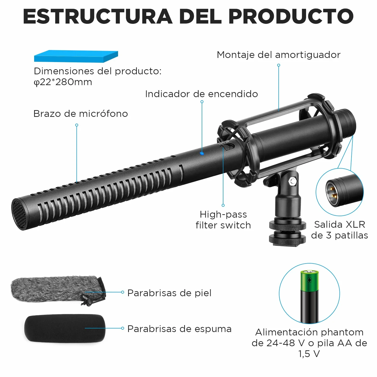 BOYA Micrófono XLR BY-BM6060, micrófono de Condensador con alimentación Fantasma de 24 V 48 V para cámara de vídeo, entrevista, grabación de programas de televisión.