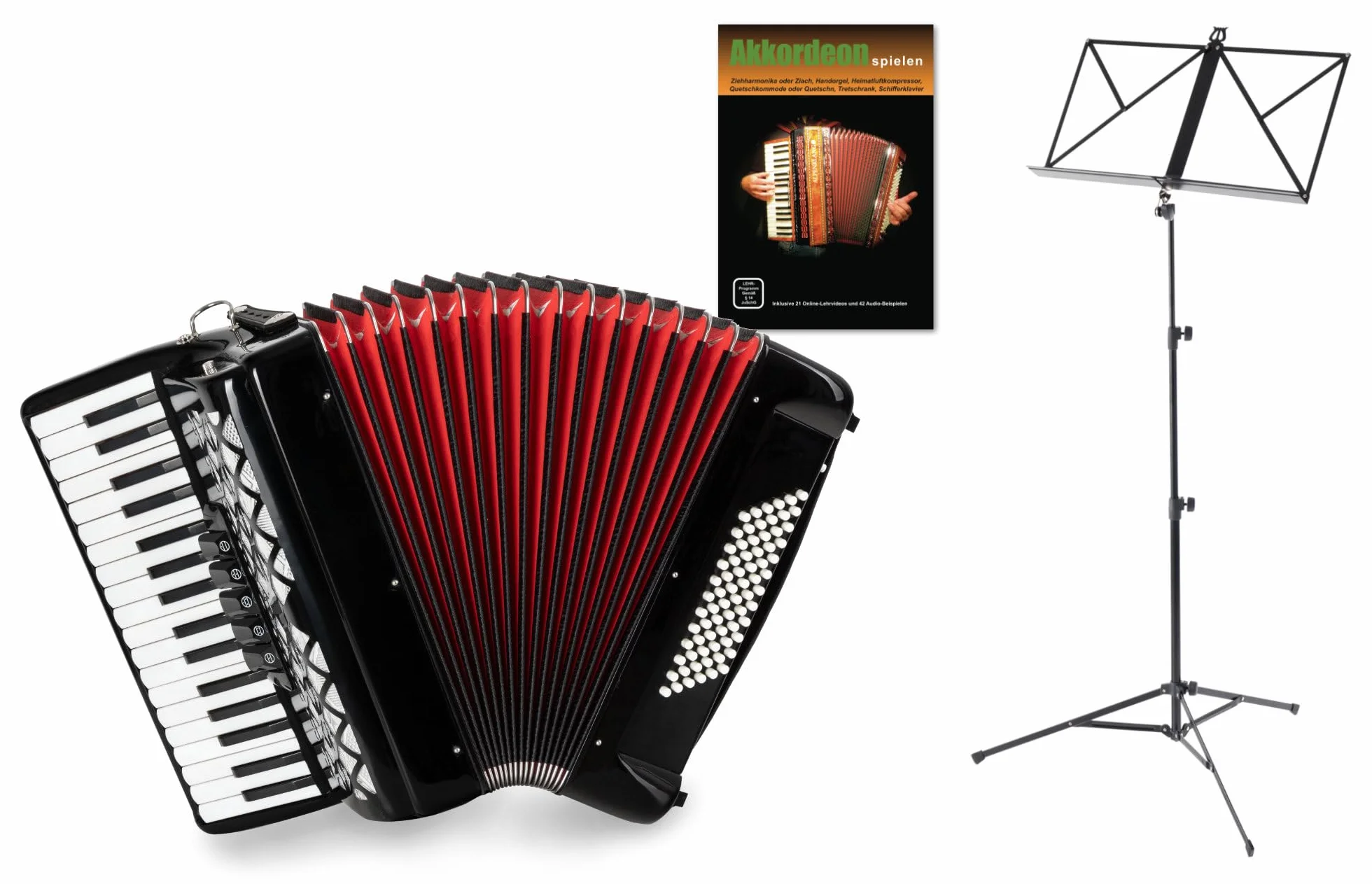 Acordeón Clásico Cantabile 72 Bajos "Secondo V" Set (Acordeón de 72 bajos con funda y correas incl. atril y escuela de acordeón) Negro