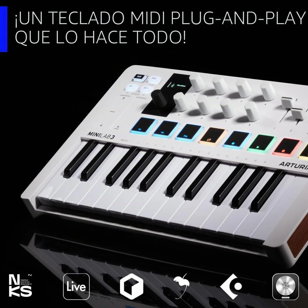 Arturia - MiniLab 3 - Controlador MIDI Universal para Producción Musical, con Paquete de Software Todo en Uno - 25 Teclas, 8 Almohadillas, white