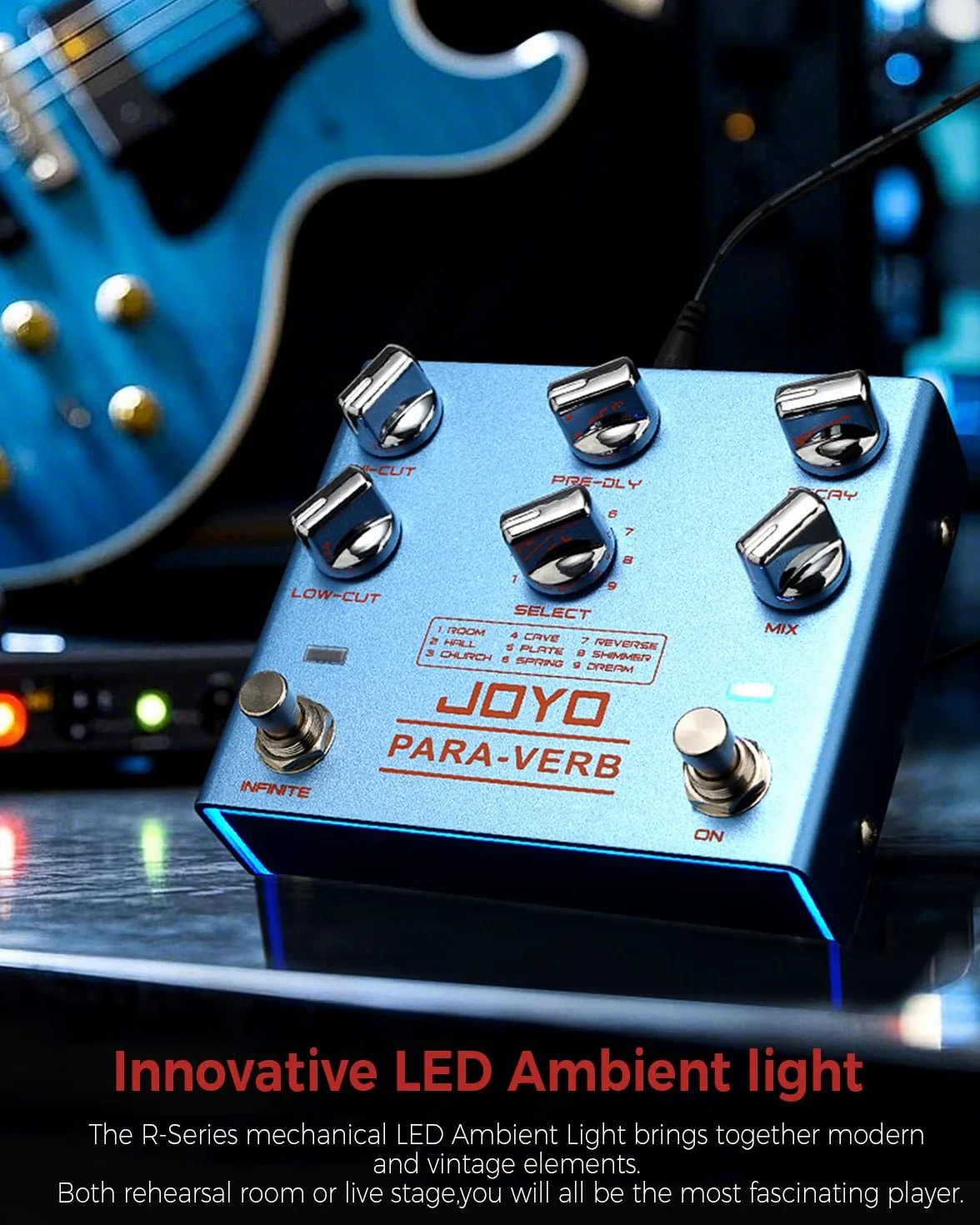 Pedal de reverberación JOYO Pedal digital estéreo para guitarra con 9 efectos de reverberación Funciones infinitas y de cola para guitarra eléctrica - True Bypass (PARA-VERB R-31)