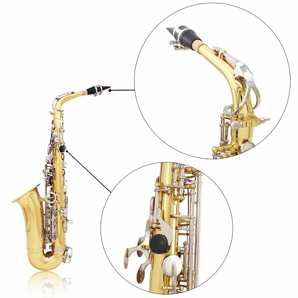 Saxofón alto, latón brillante, grabado Eb, botón de concha blanca, instrumento de viento con funda, guantes de silencio, paño de limpieza, cepillo para cinturón