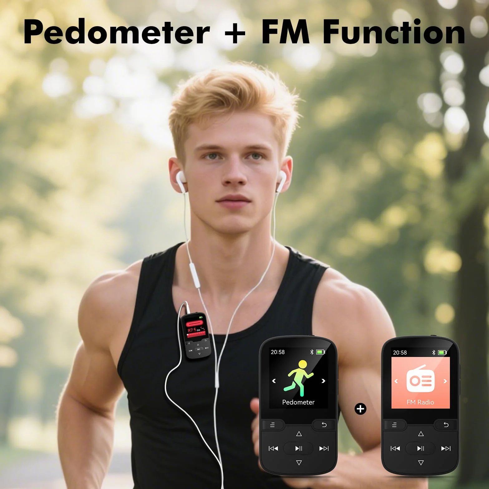 Reproductor MP3 Bluetooth 5.3 con Clip, Radio FM, Grabadora de Voz, 64GB, Deportes