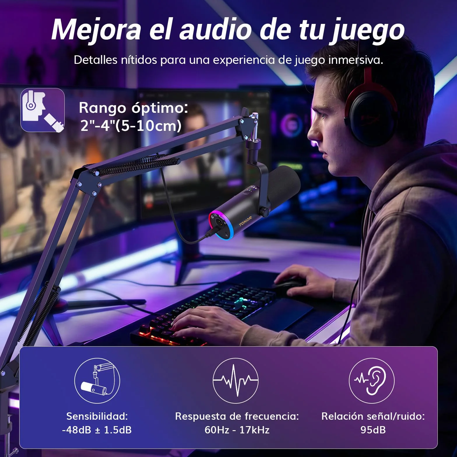 TONOR Microfono de Gaming Dinámico para PC, Micrófono Cardioide Streaming XLR/USB con Brazo para Podcast/Estudio, Cancelación de Ruido IA,RGB Controlable,Conector Auriculares 3,5 mm,Negro,TD510 AIR H+