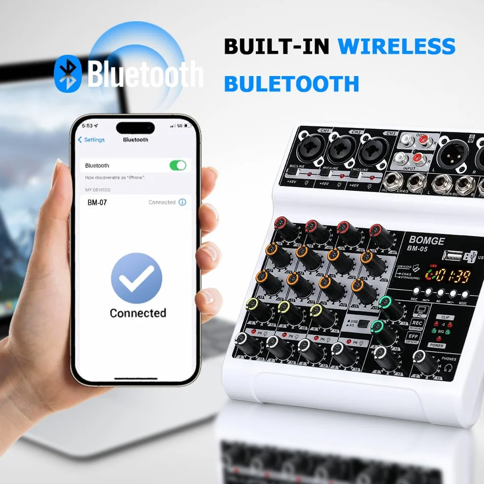 BOMGE Mezclador de audio, consola de mezcla de placa de sonido con 5 canales digitales USB Bluetooth Echo Delay Effect, mezcladores de DJ estéreo con 48V Phantom Power para grabación, transmisión en