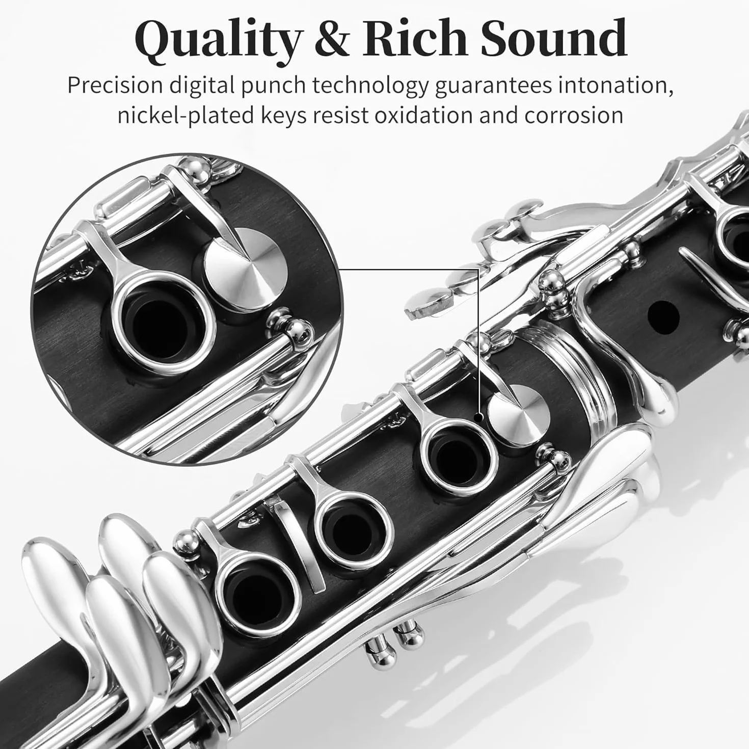 Clarinete B Flat 17 Llaves, Clarinete Profesional de Bb para Principiantes en Niquelada, con Estuche Rígido Kit de Limpieza, Instrumentos de Viento