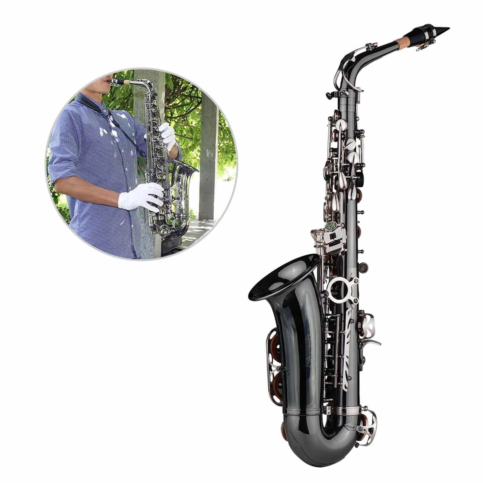 Btuty Saxofones Latón Bend Eb E-flat Alto Saxofón Niquelado negro Abalone Shell Llaves con estuche de transporte Guantes Paño de limpieza Correas Cepillo