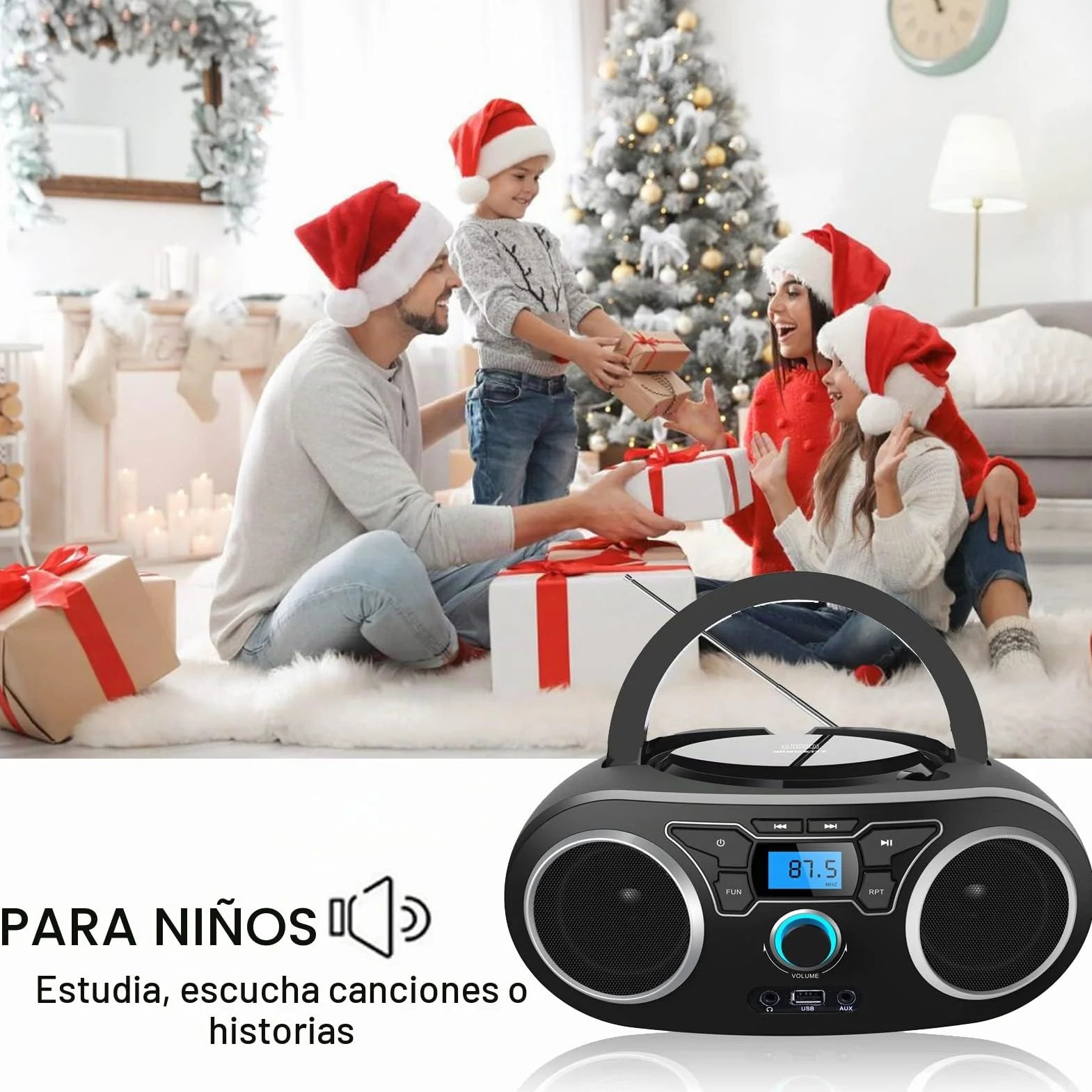 Reproductor de CD, portátil con Bluetooth, Radio FM portátil estéreo con Sonido cristalino, reproducción de CD MP3, Entrada USB/AUX, CD para niños
