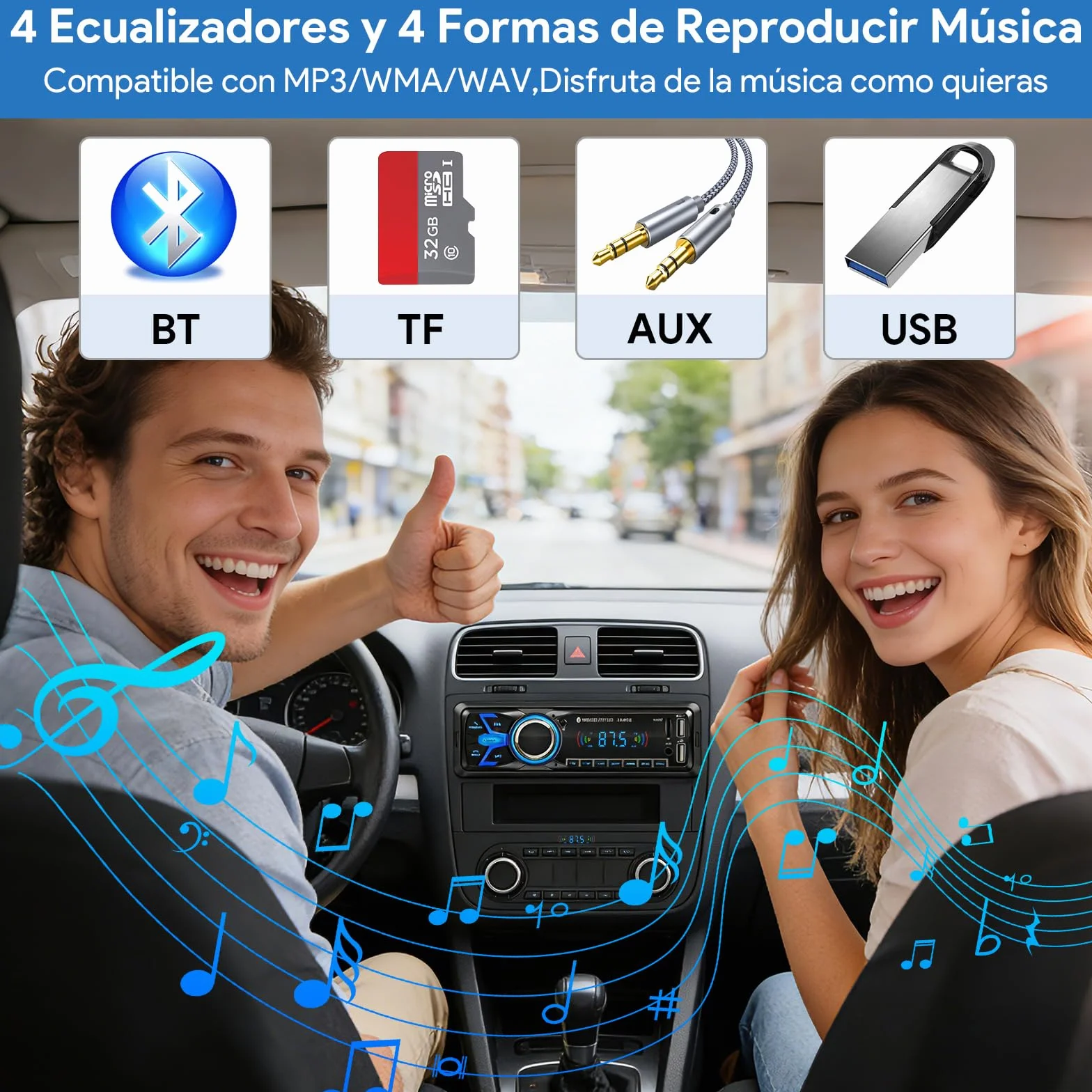 Wistrue Autoradio Bluetooth 5.0 Manos Libres 1 DIN MP3 Player FM Radio con 2USB AUX Control Remoto