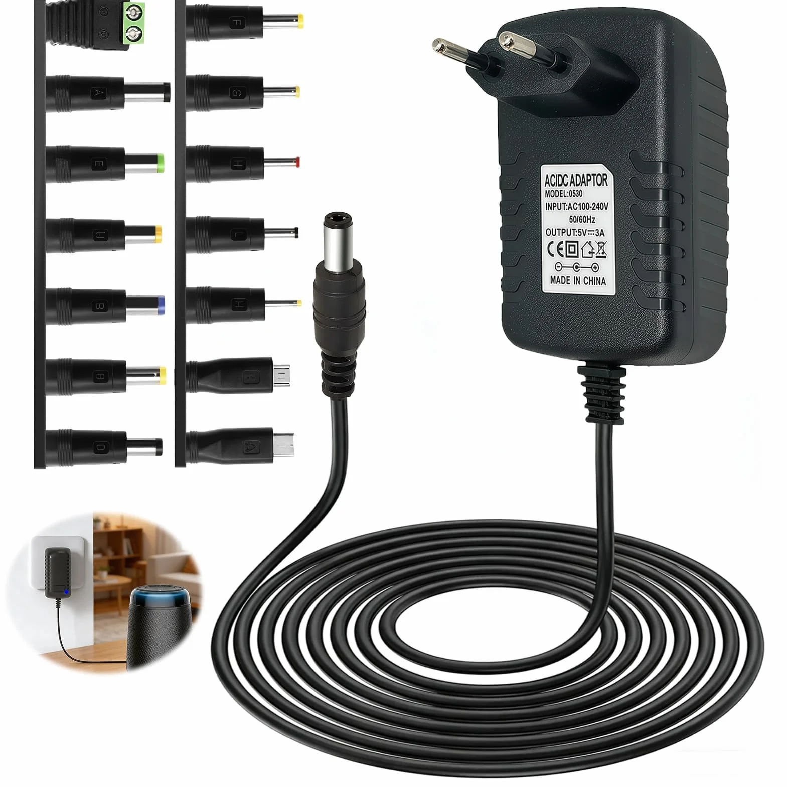 5V - Adaptador Universal DC5 V, 1 A, 2 A, 3 A, Cargador AC a DC Transformador Multiples Clavijas con 14 Adaptadores de Enchufe DC Fuente de Alimentación para Cámaras CCTV Tiras de Luz LED TV Box