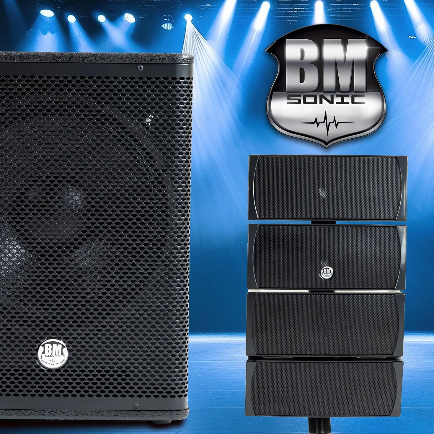Pack de sonido DJ completo 2400 W BM Bmsonic BMS-15-ARRAY-BT, 4 altavoces satélites, cajas de 38 cm USB/Bluetooth soportes cables