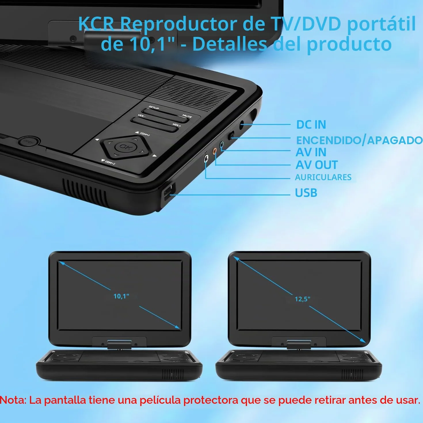 KCR Reproductor de DVD portátil 10.1" con TV DVB-T2 integrada, Pantalla LED giratoria, USB/HDMI/AV, batería recargable