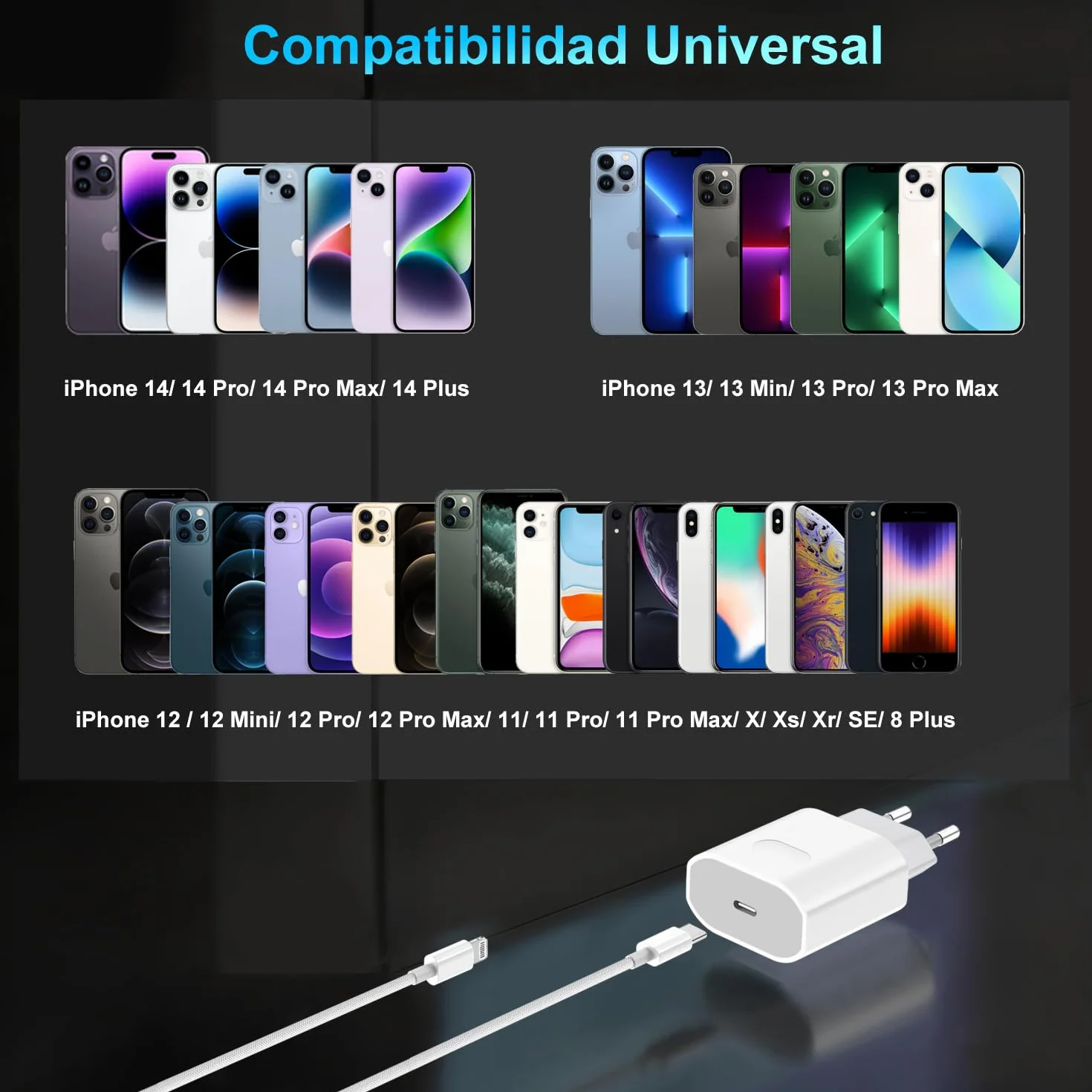 Cargador Carga Rápida 25W USB-C para iPhone 14/13/12/11/Pro MAX Plus Mini SE XR X XS, Cable Lightning 1m Certificado Apple MFi