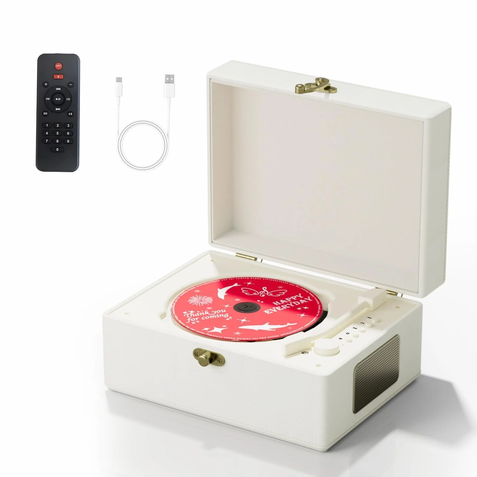 Yintiny Reproductor de CD recargable de cuero con Bluetooth blanco