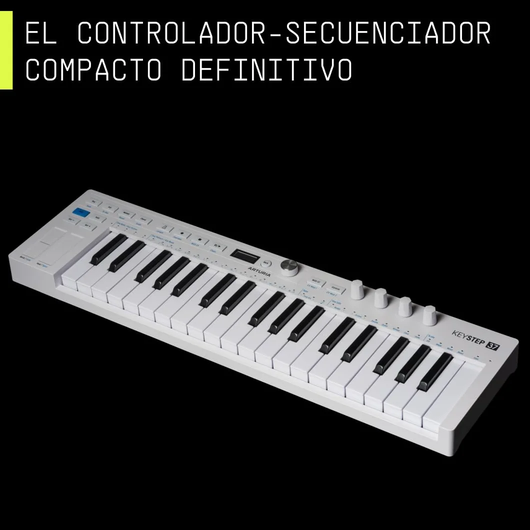 Arturia - Keystep 37 MK2 - Controlador, secuenciador y arpegiador MIDI - Slimkey de 37 teclas, pantalla OLED, Secuenciador por pasos polifónico, Arpegiador con 16 modos, Compatible con CV - Blanco
