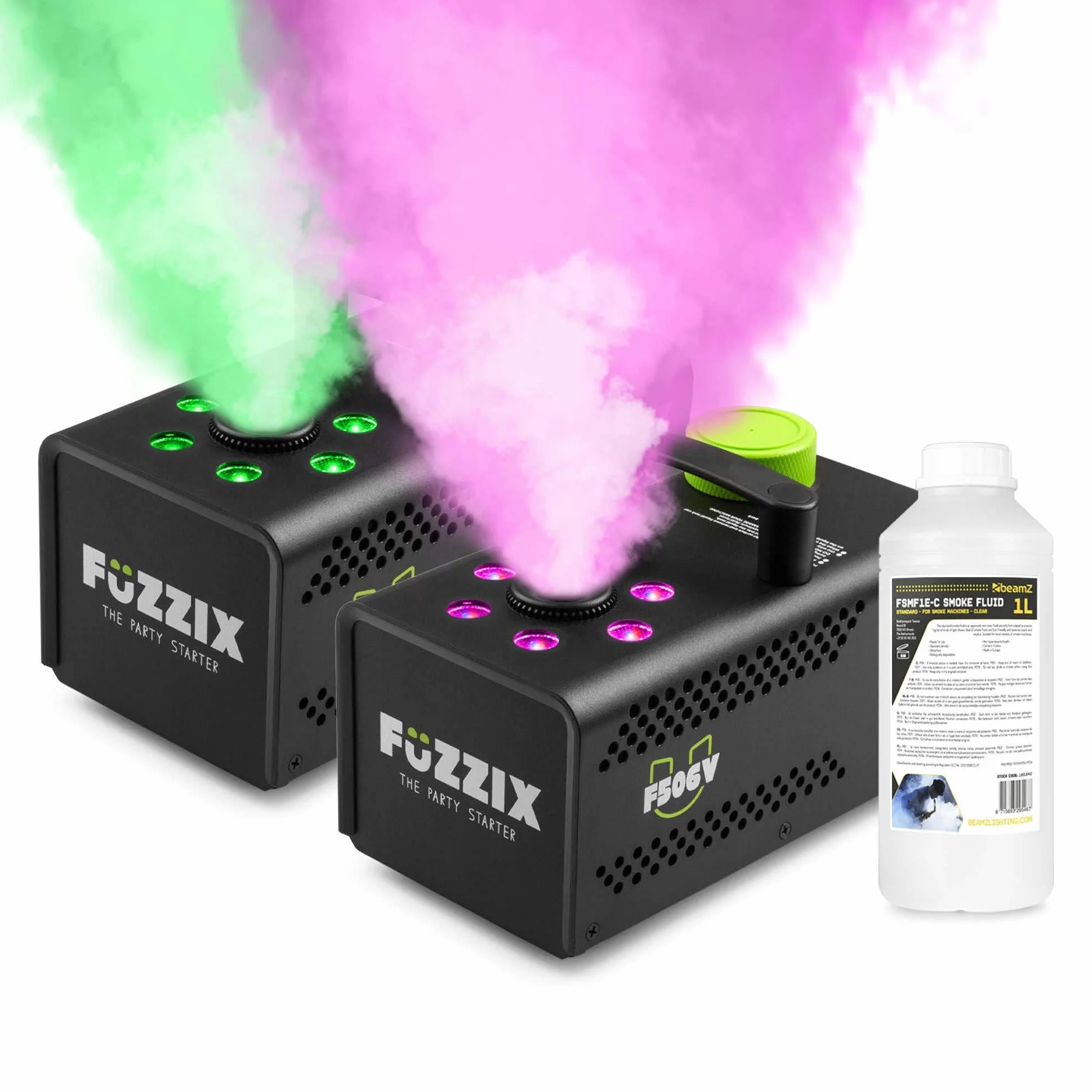 Fuzzix F506V – Set de 2 Máquinas de Humo Vertical 500W con LEDs RGB, Función Estroboscópica, Control Remoto Inalámbrico, Listas en 2,5 min, Incluye 1L de Líquido, para DJ y Eventos