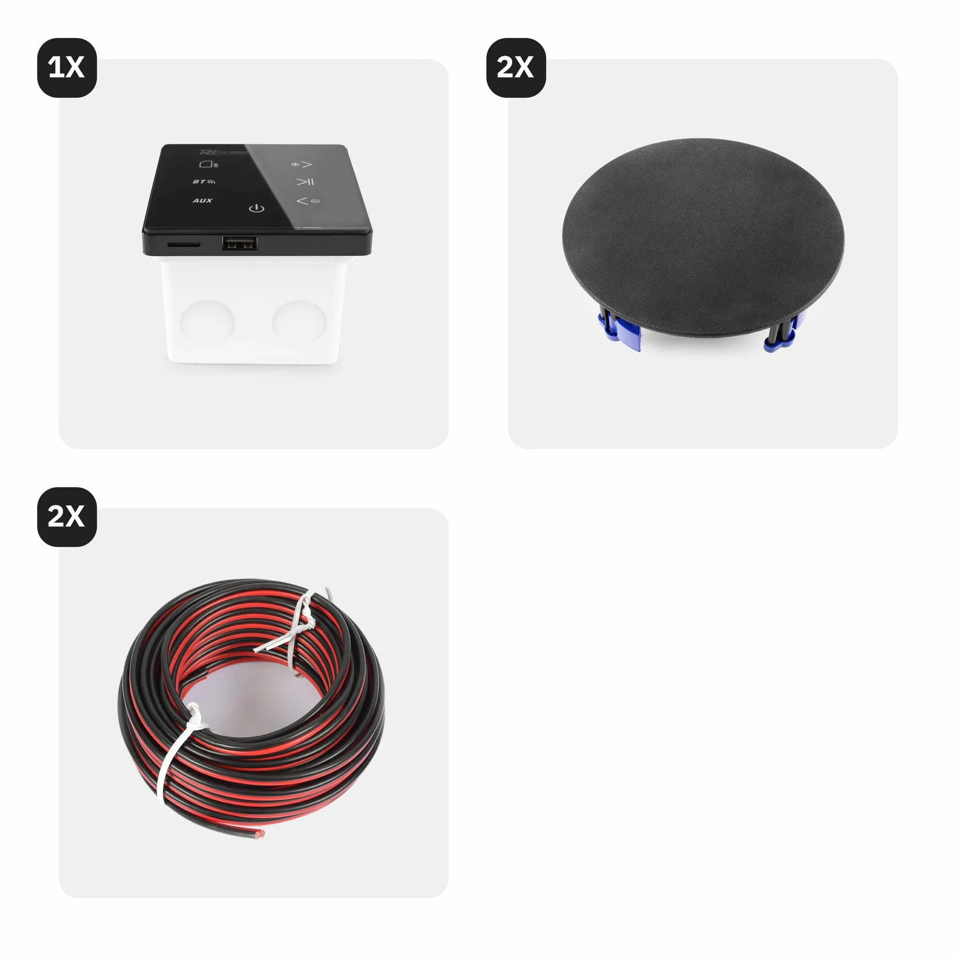 Power Dynamics Powerline A50B - Pack con Amplificador de Pared con Panel táctil, Bluetooth 5.0 y Reproductor MP3 USB/Micro SD, 2 Altavoces de Techo Negros 6,5" y Cables de 10 m incluidos