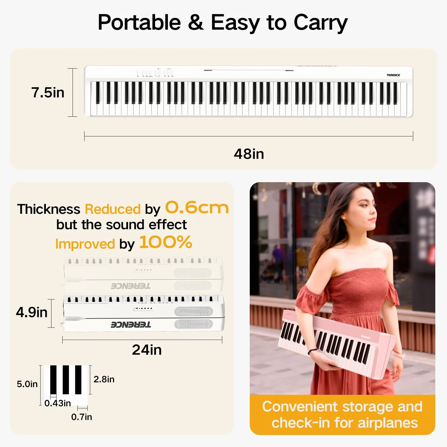 TERENCE Piano Plegable de 88 Teclas, con Teclado de Fuerza, Piano Plegable con Grabación y Soporte Bluetooth, Pedal y Altavoz de 4 Unidades, Preferido para Principiantes,blanco
